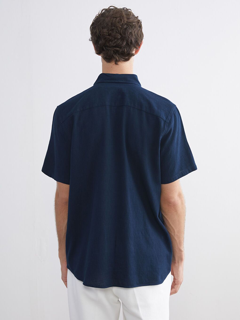 Lacivert Regular Fit Kısa Kollu Armürlü Erkek Gömlek-3