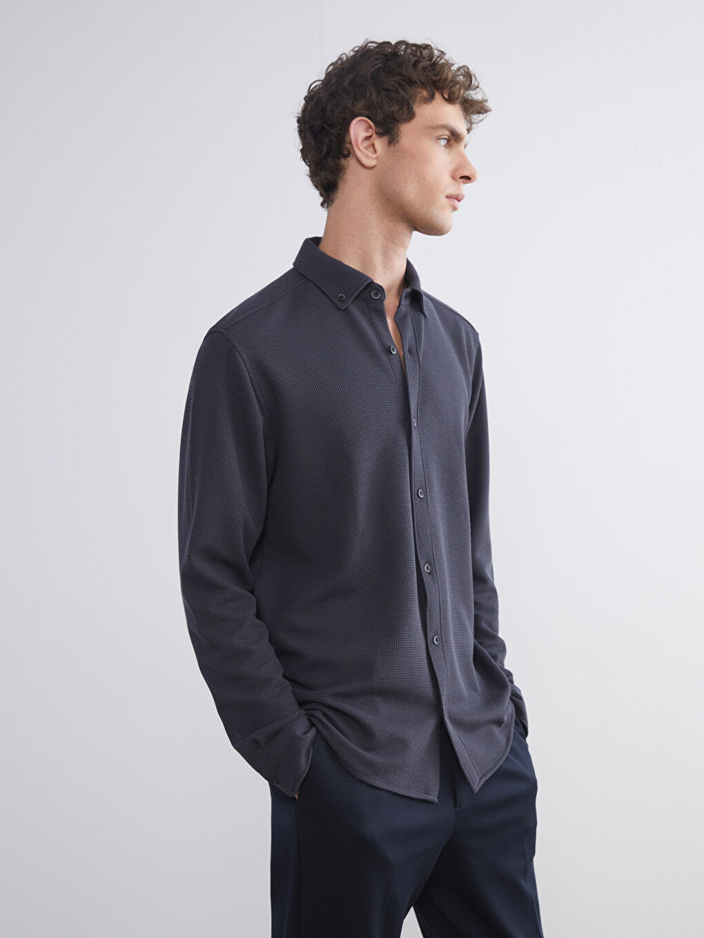 Slim Fit Long Sleeve Men's Textured Shirt