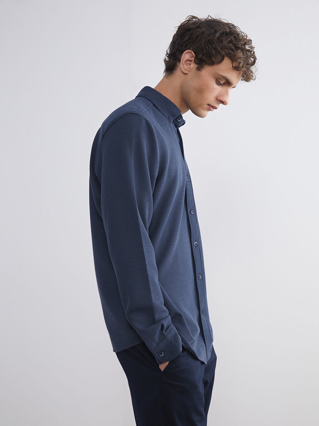 Petrol Slim Fit Uzun Kollu Erkek Dokulu Gömlek