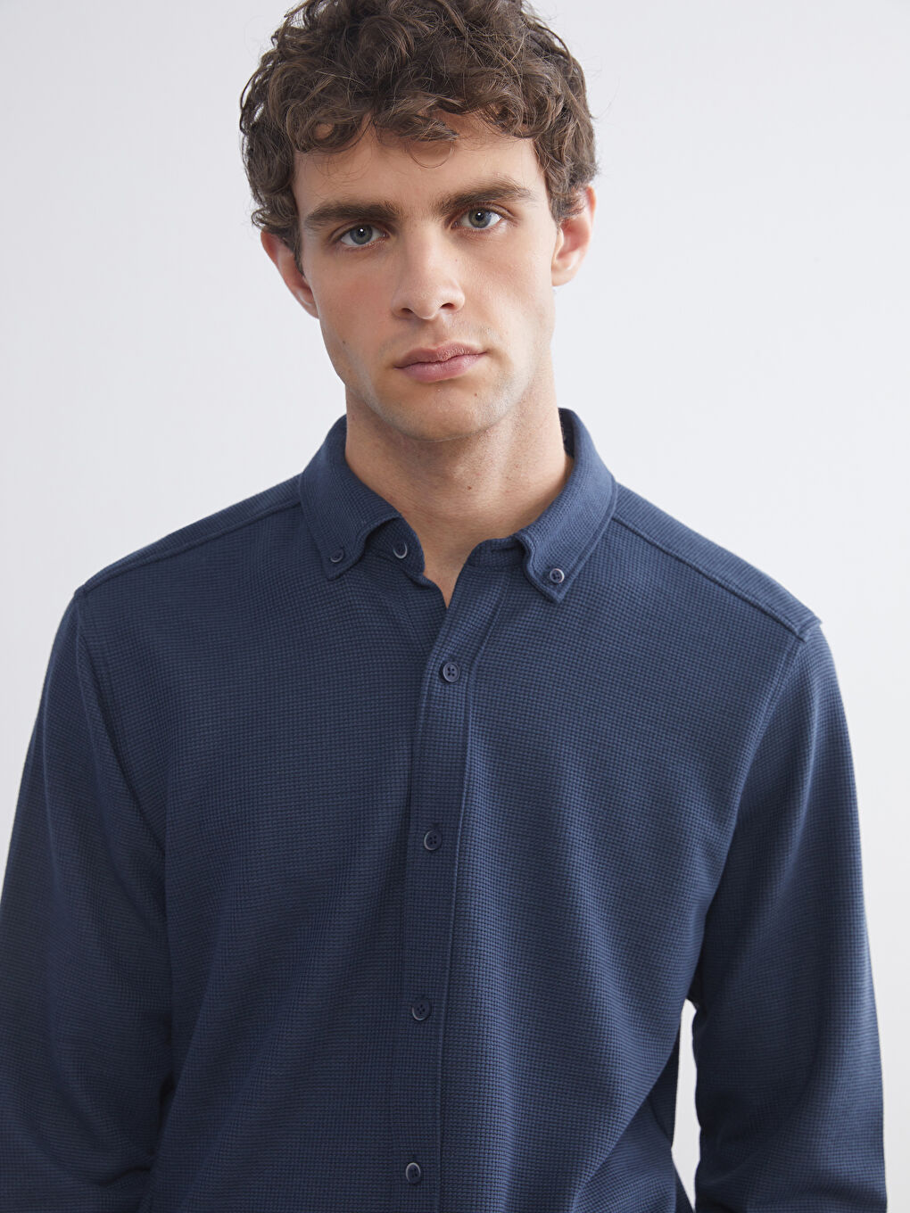 Petrol Slim Fit Uzun Kollu Erkek Dokulu Gömlek-2