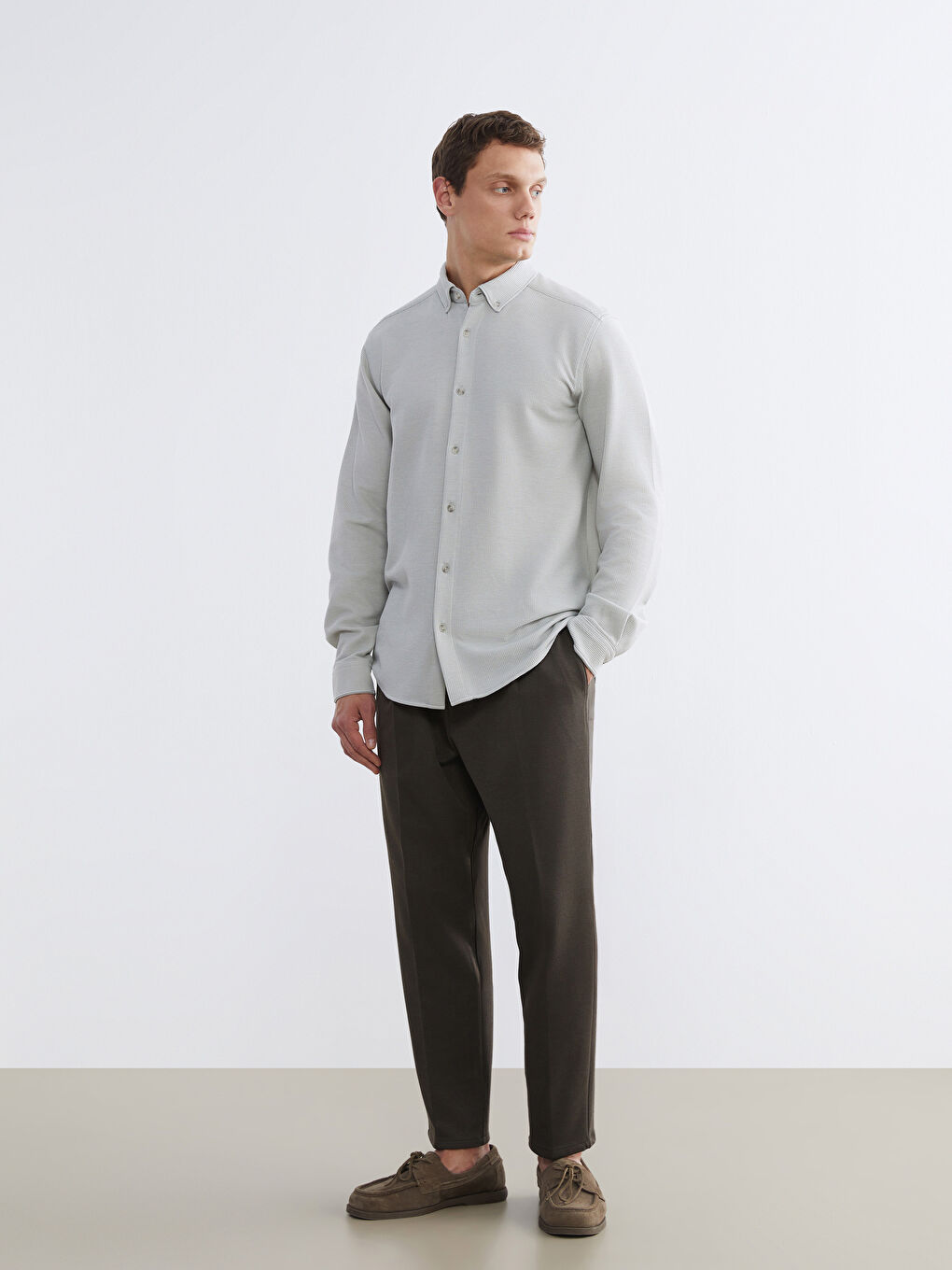 Bej Slim Fit Uzun Kollu Erkek Dokulu Gömlek-1