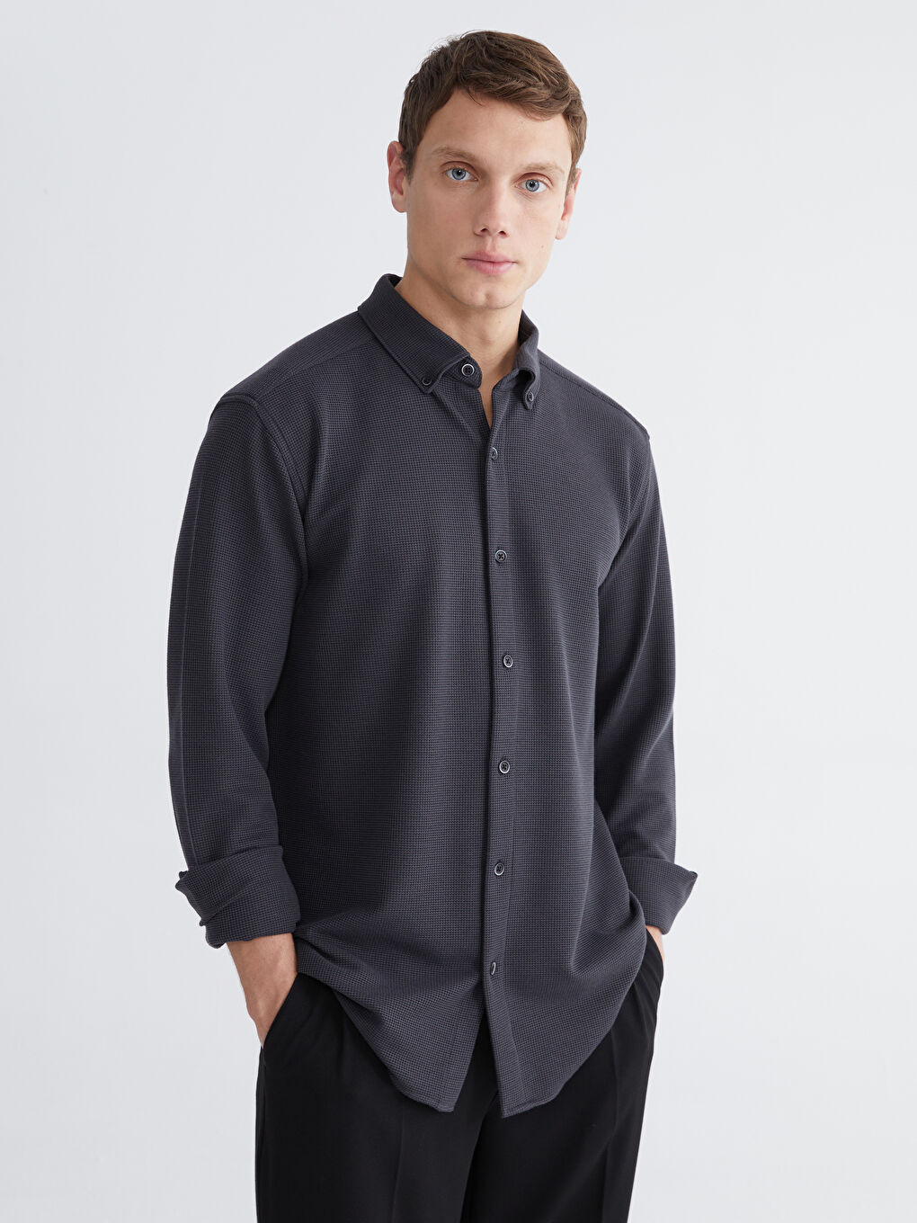 Slim Fit Long Sleeve Men's Textured Shirt-1