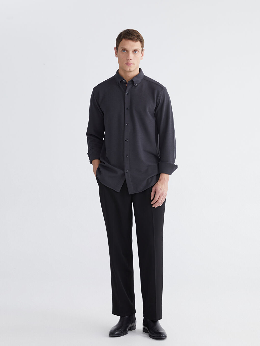 Slim Fit Long Sleeve Men's Textured Shirt-2