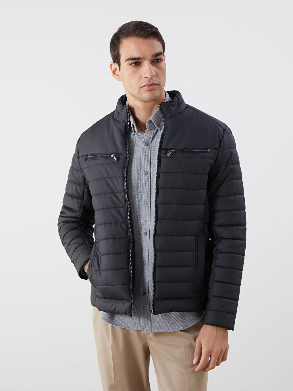 LCW Vision Slim Fit Funnel Neck Men's Faux Leather Coat -W54574Z8-CVL