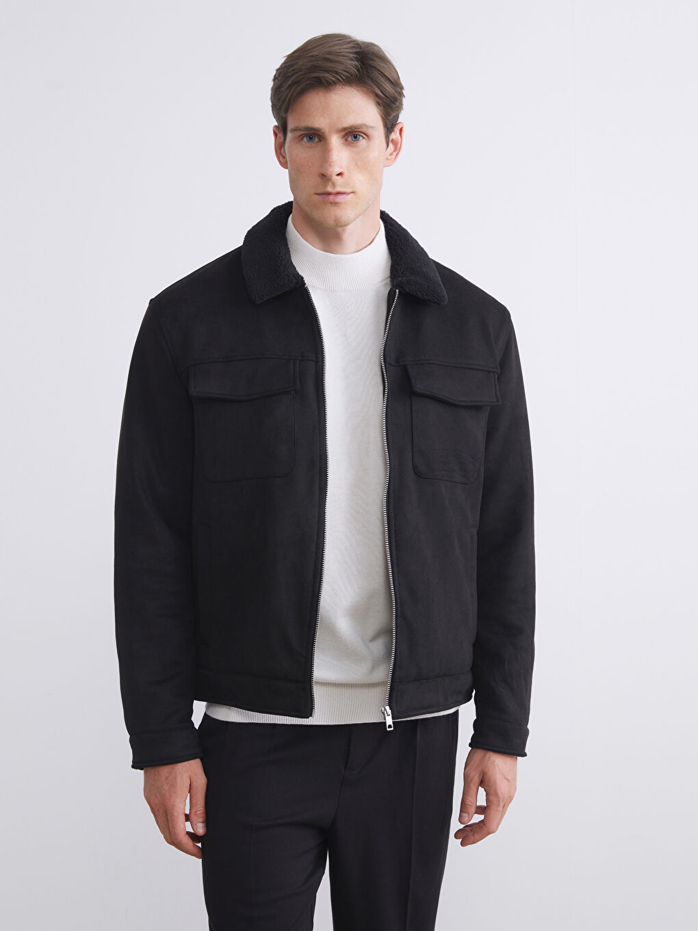 Slim Fit Collared Neck Suede Men's Coat