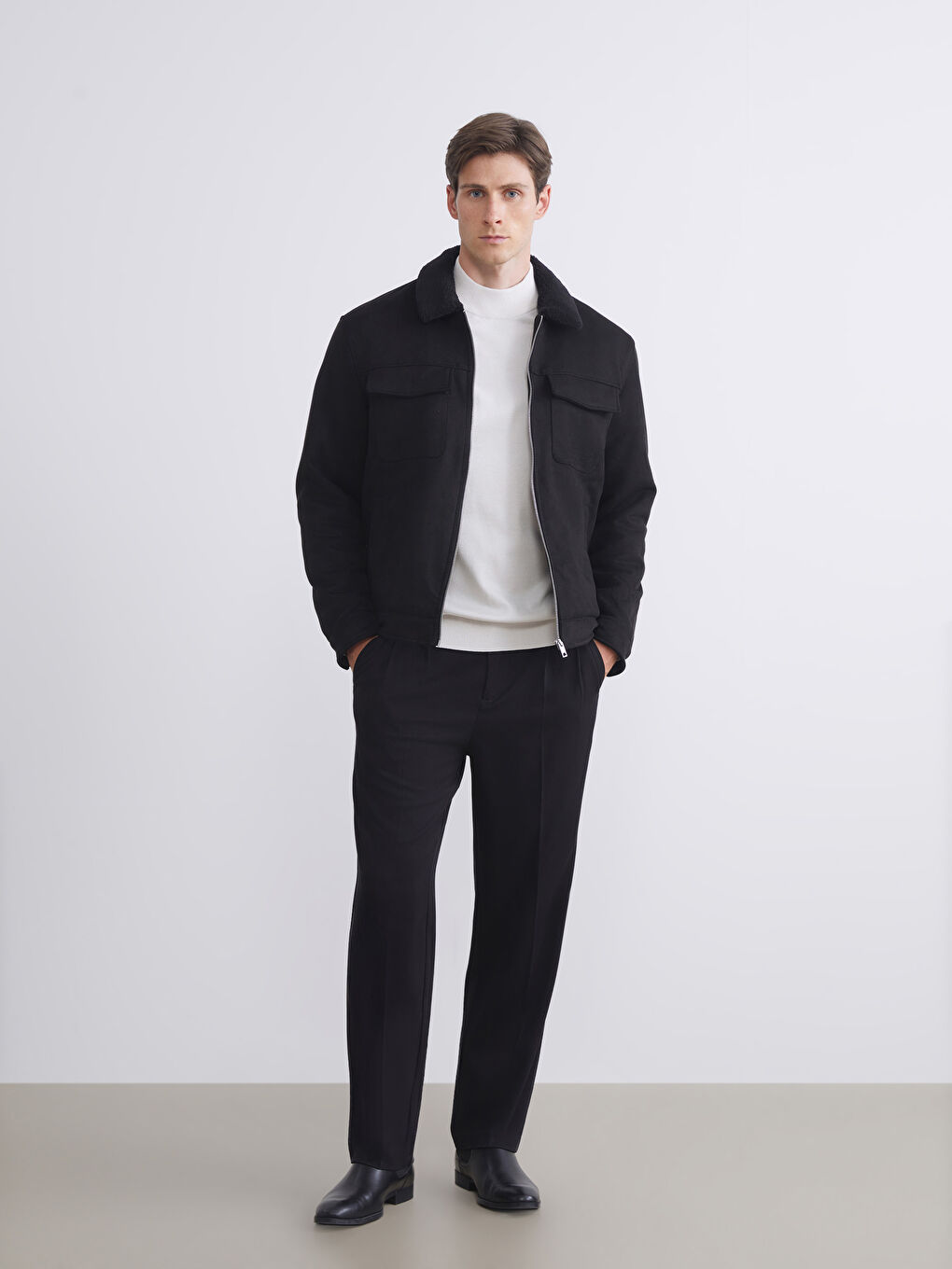 Slim Fit Collared Neck Suede Men's Coat-1