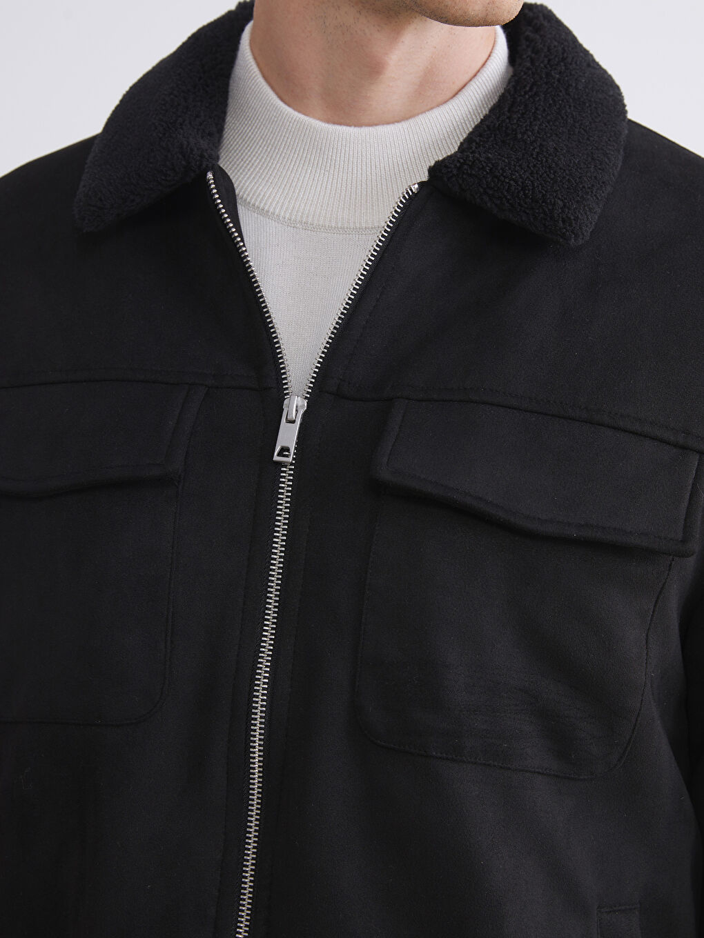 Slim Fit Collared Neck Suede Men's Coat-2
