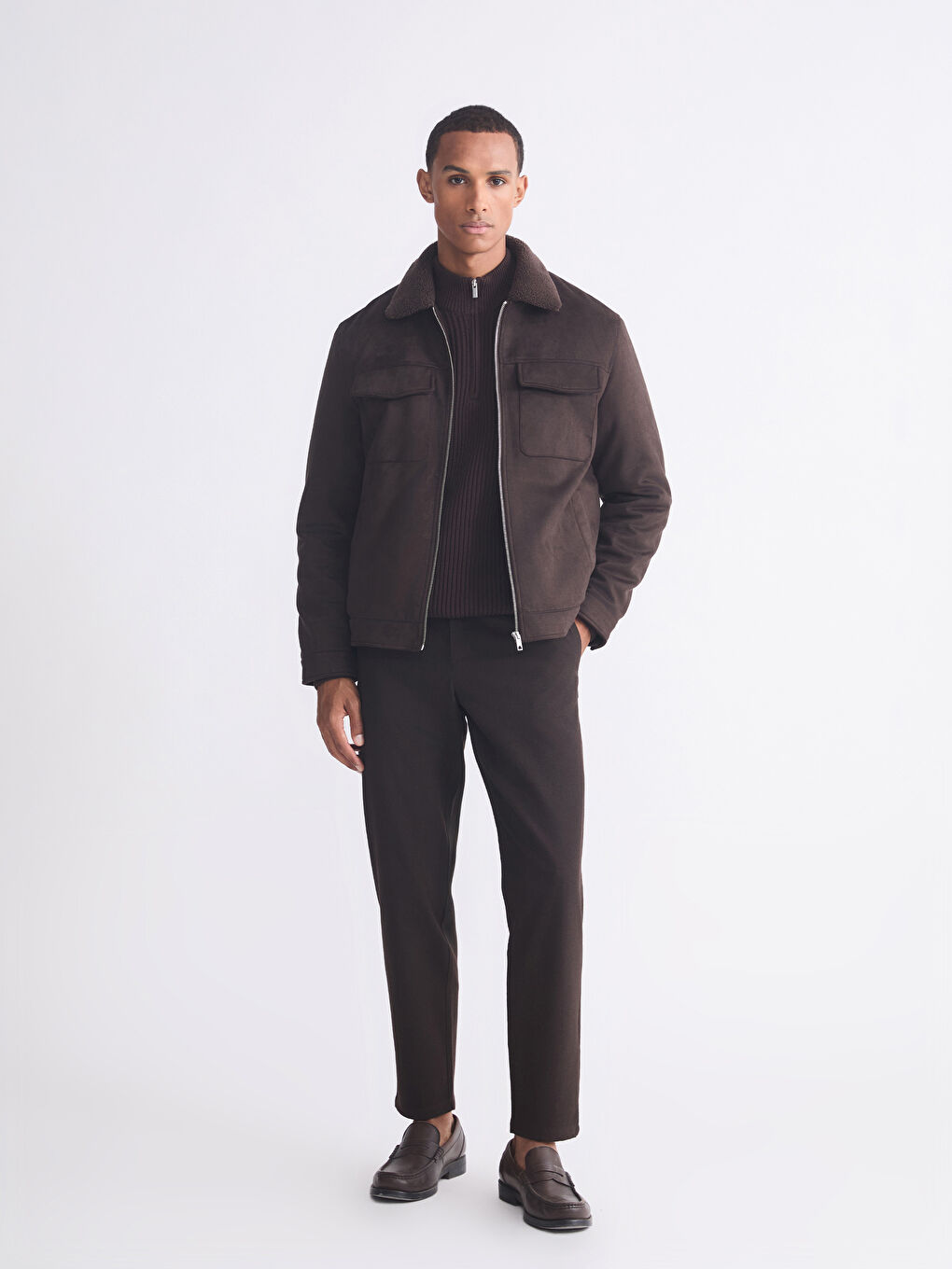 معطف رجالي سليم فيت بياقة الفرو جلد سويد-1