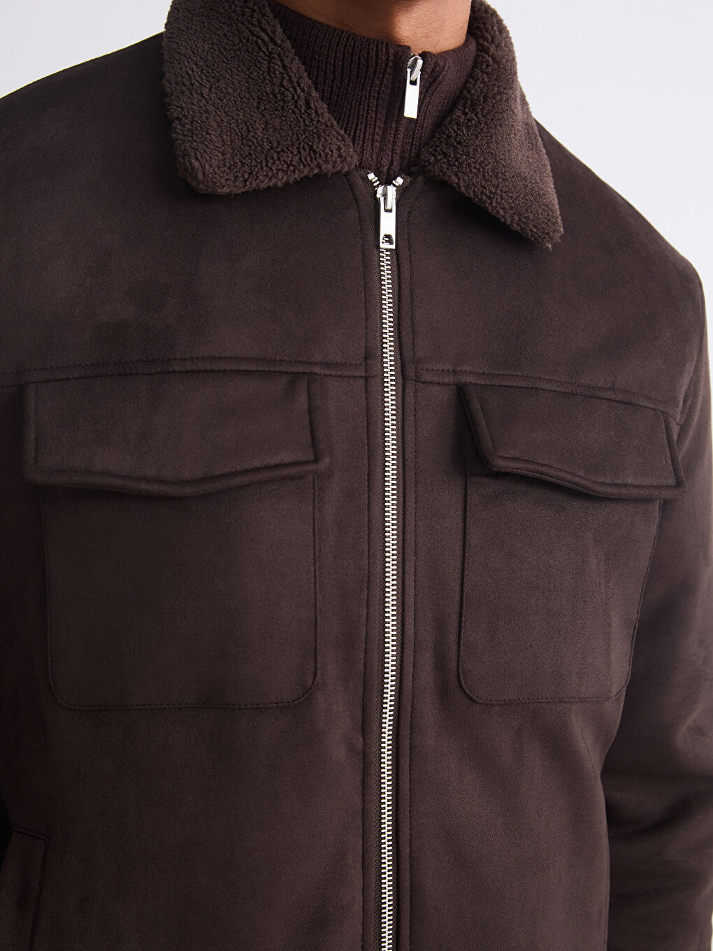 معطف رجالي سليم فيت بياقة الفرو جلد سويد-2