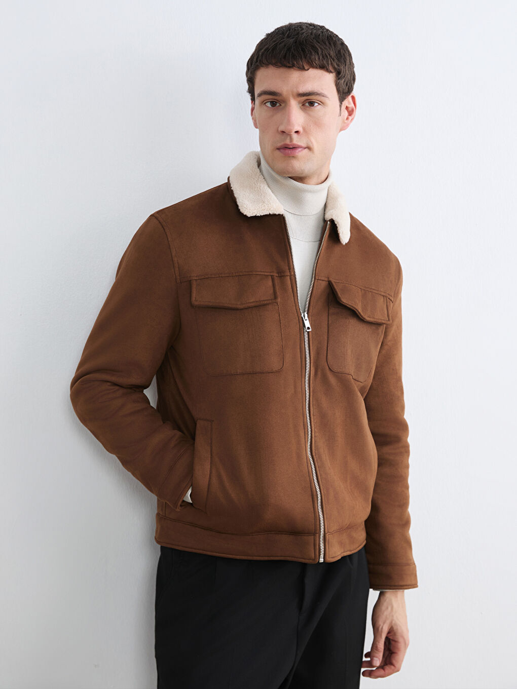 Kahverengi Slim Fit Kürk Yaka Süet Erkek Mont-1