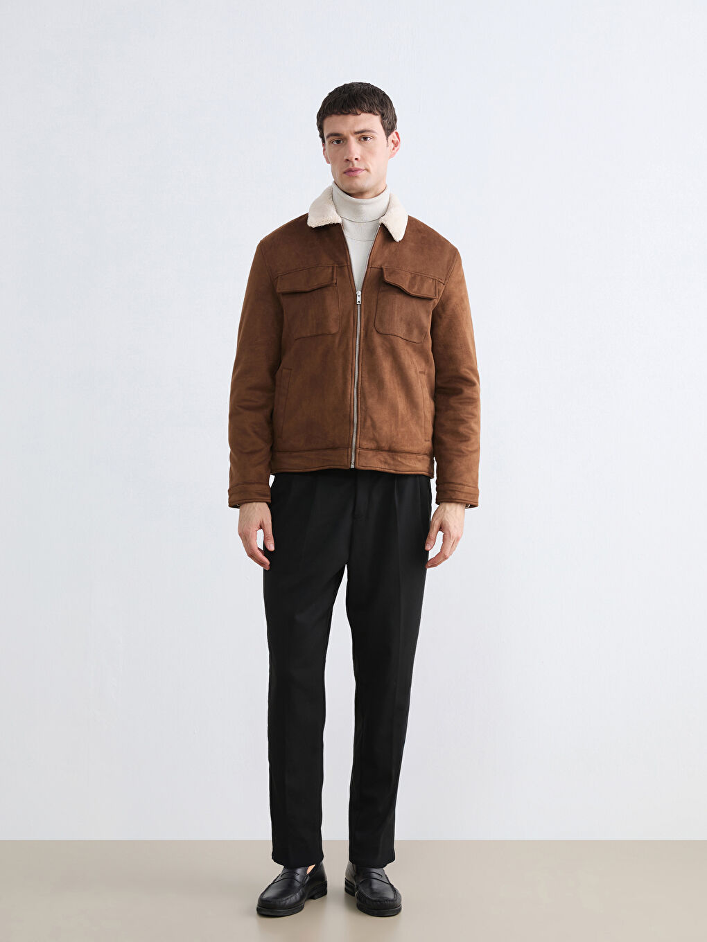 Kahverengi Slim Fit Kürk Yaka Süet Erkek Mont-2