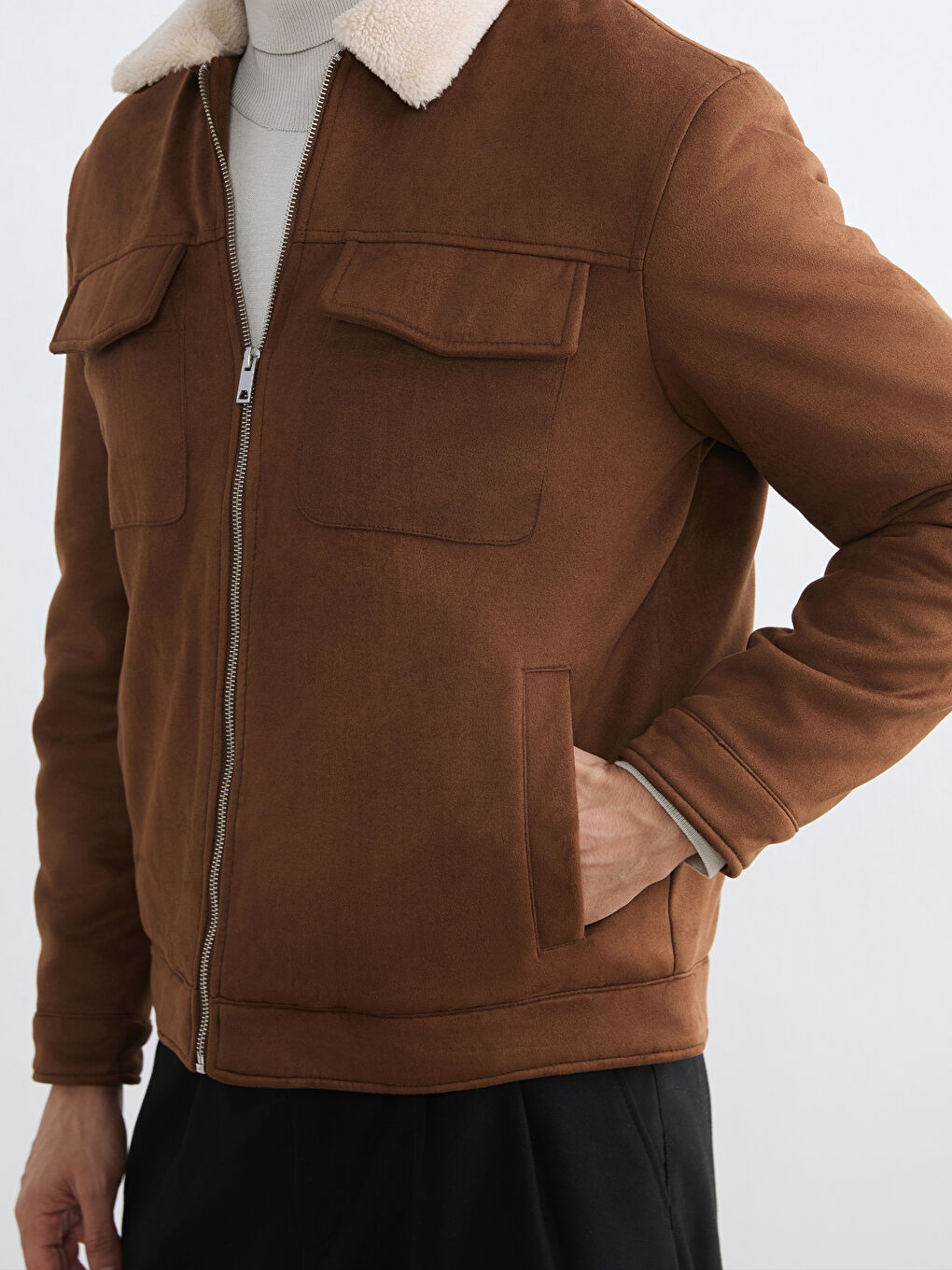 Kahverengi Slim Fit Kürk Yaka Süet Erkek Mont-4