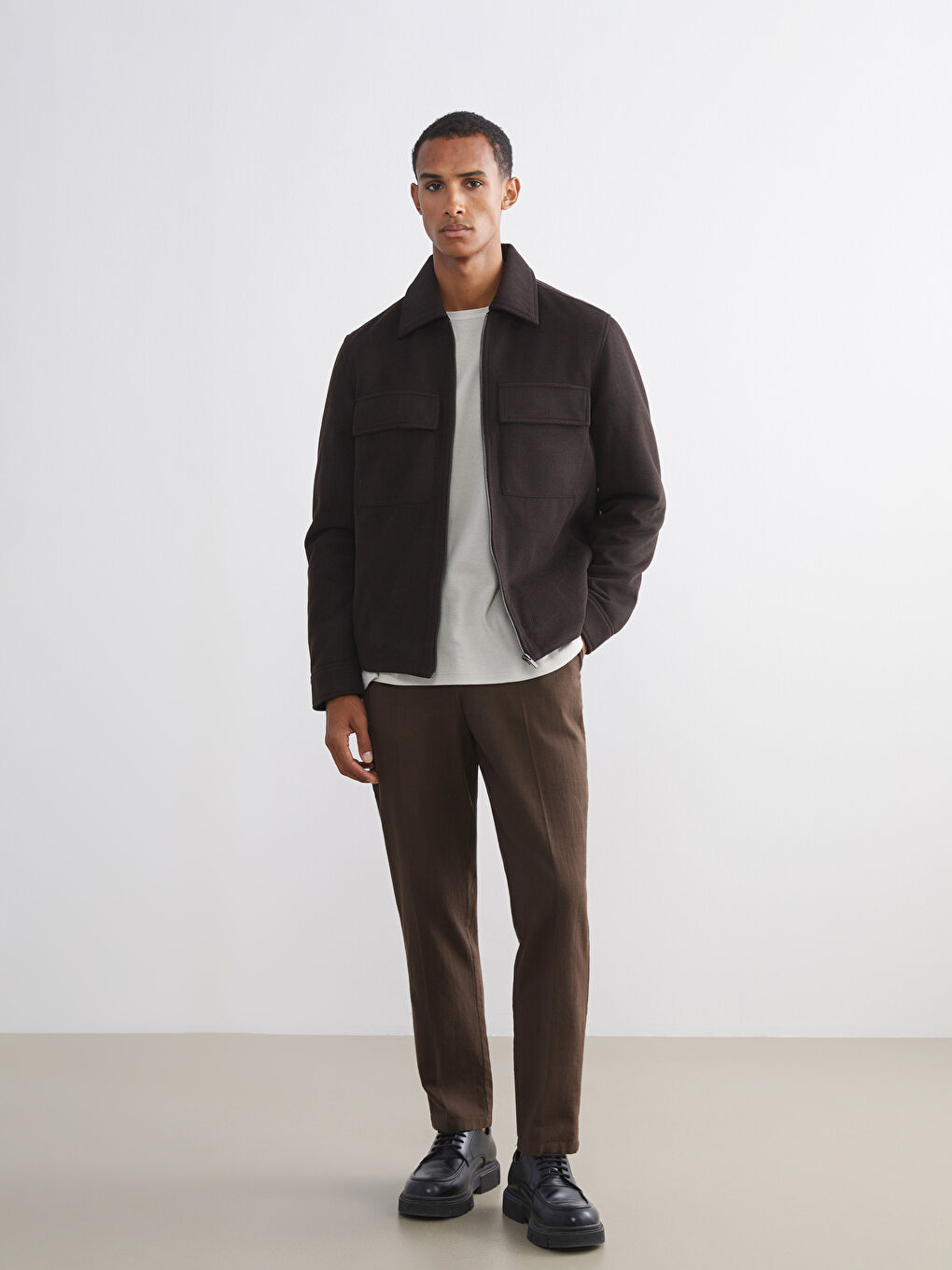 Kahverengi Standart Kalıp Gömlek Yaka Erkek Kaşe Mont-1