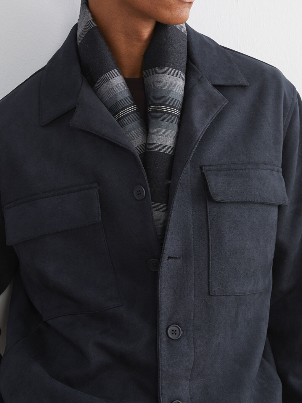 معطف رجال بياقة بلي كول بقماش جلد سويد عادي-2