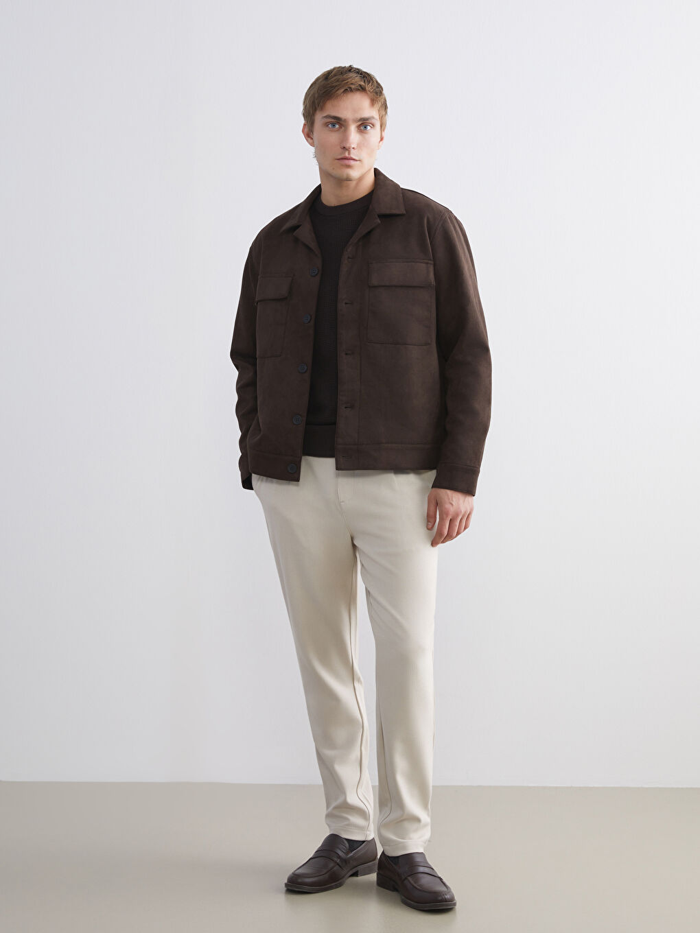 معطف رجال بياقة بلي كول بقماش جلد سويد عادي-1