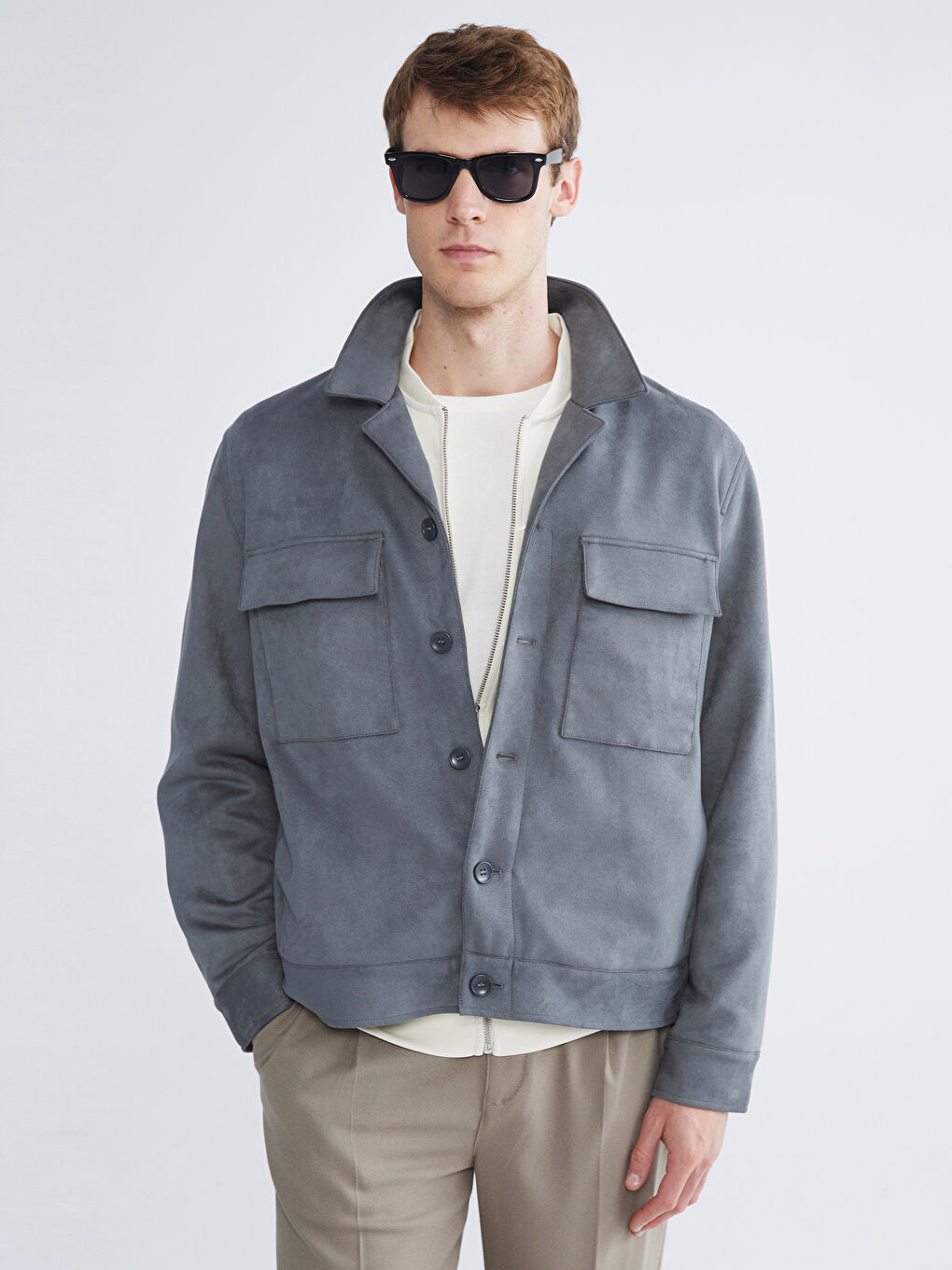 Ерлерге арналған стандартты пішім жағалы мойын замша күртке-1