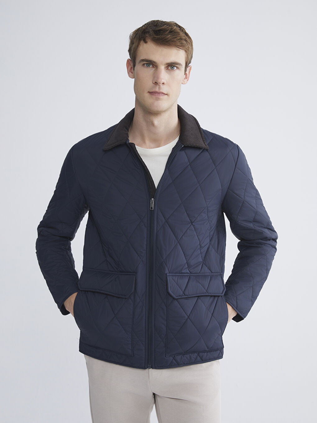 Lacivert Standart Kalıp Kadife Yaka Erkek Mont