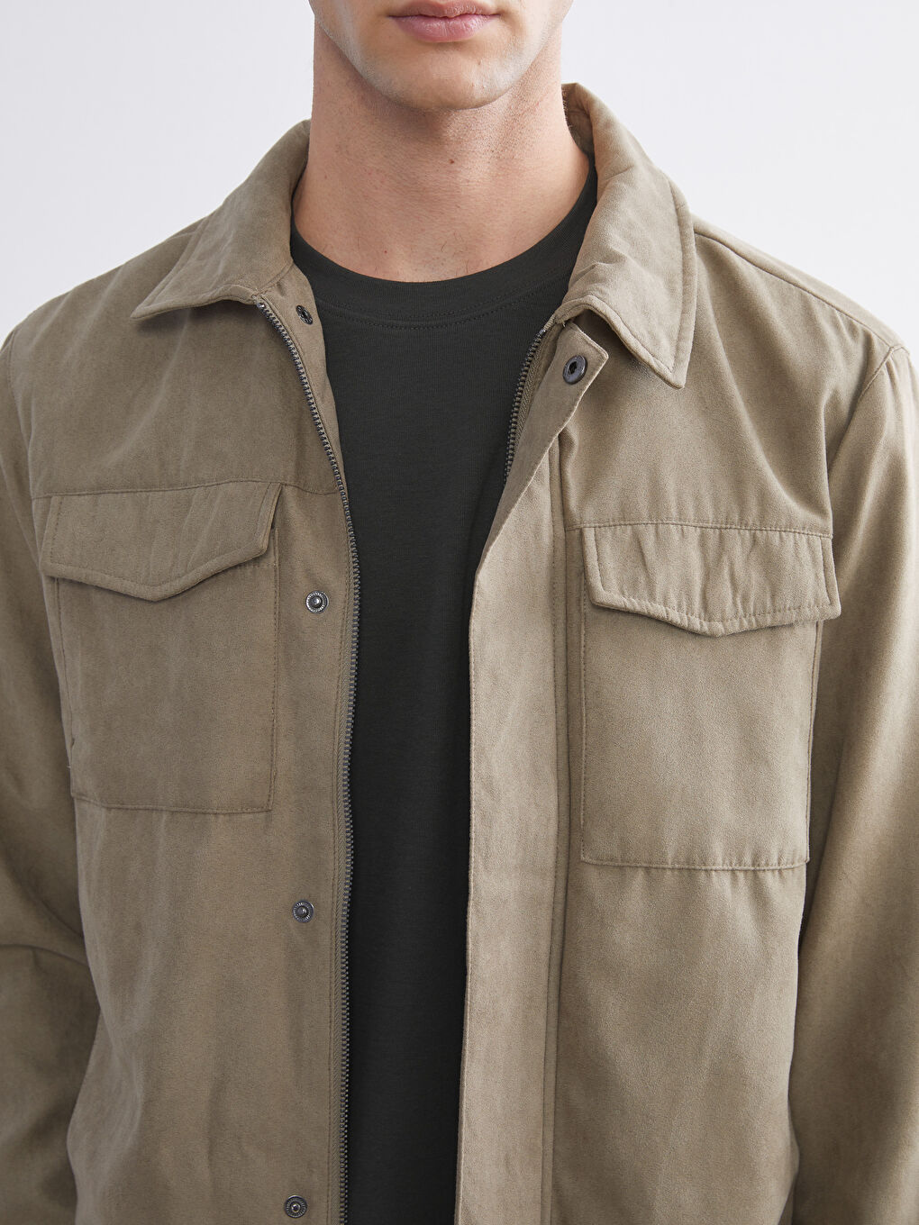 Standard Fit Collared Neck Suede Men's Coat-2