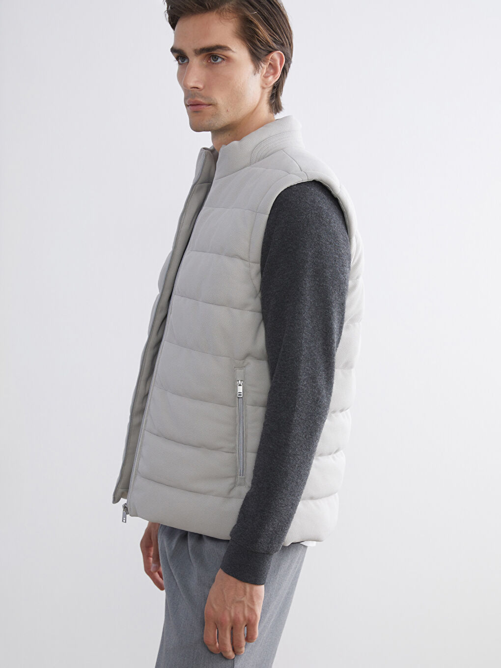 Gri Slim Fit Dik Yaka Erkek Şişme Yelek-2
