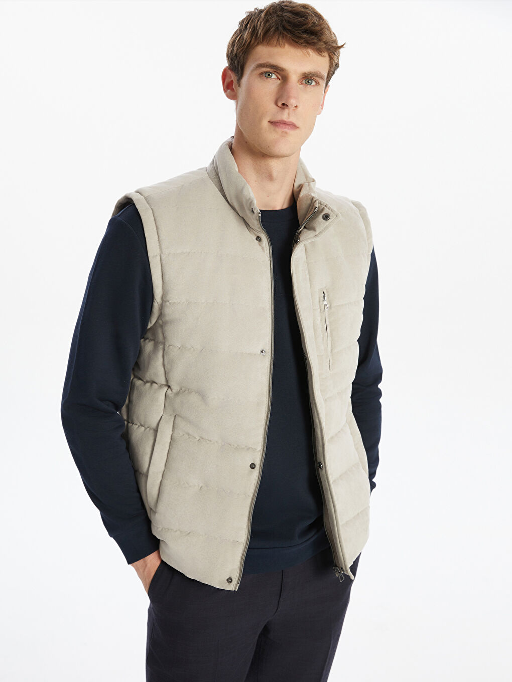 Regular Fit Funnel Neck Suede Men's Waistcoat