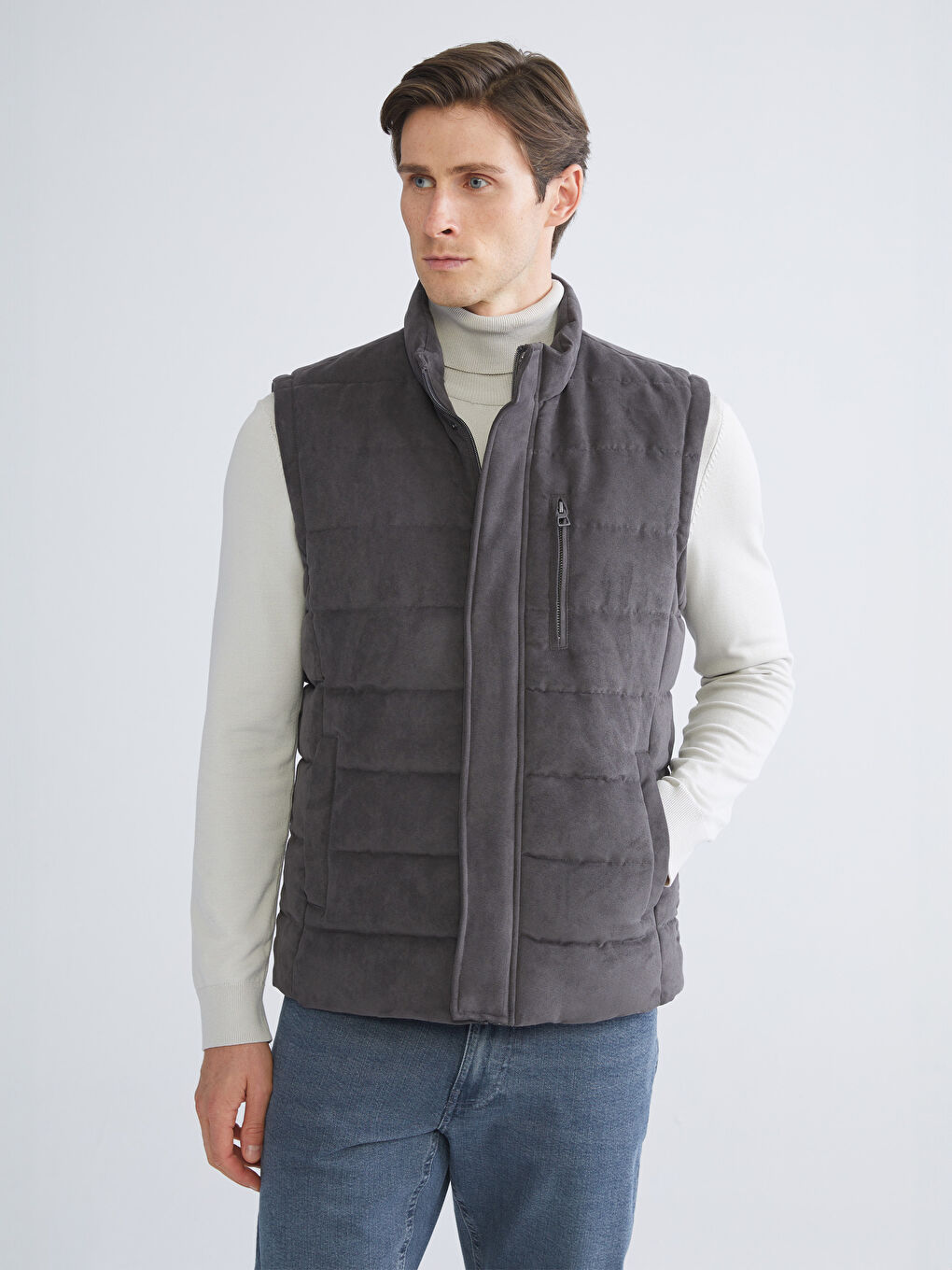 Regular Fit Funnel Neck Suede Men's Waistcoat