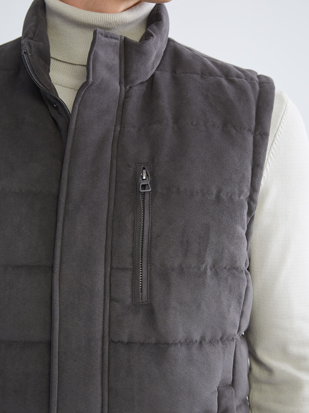 Regular Fit Funnel Neck Suede Men's Waistcoat-2