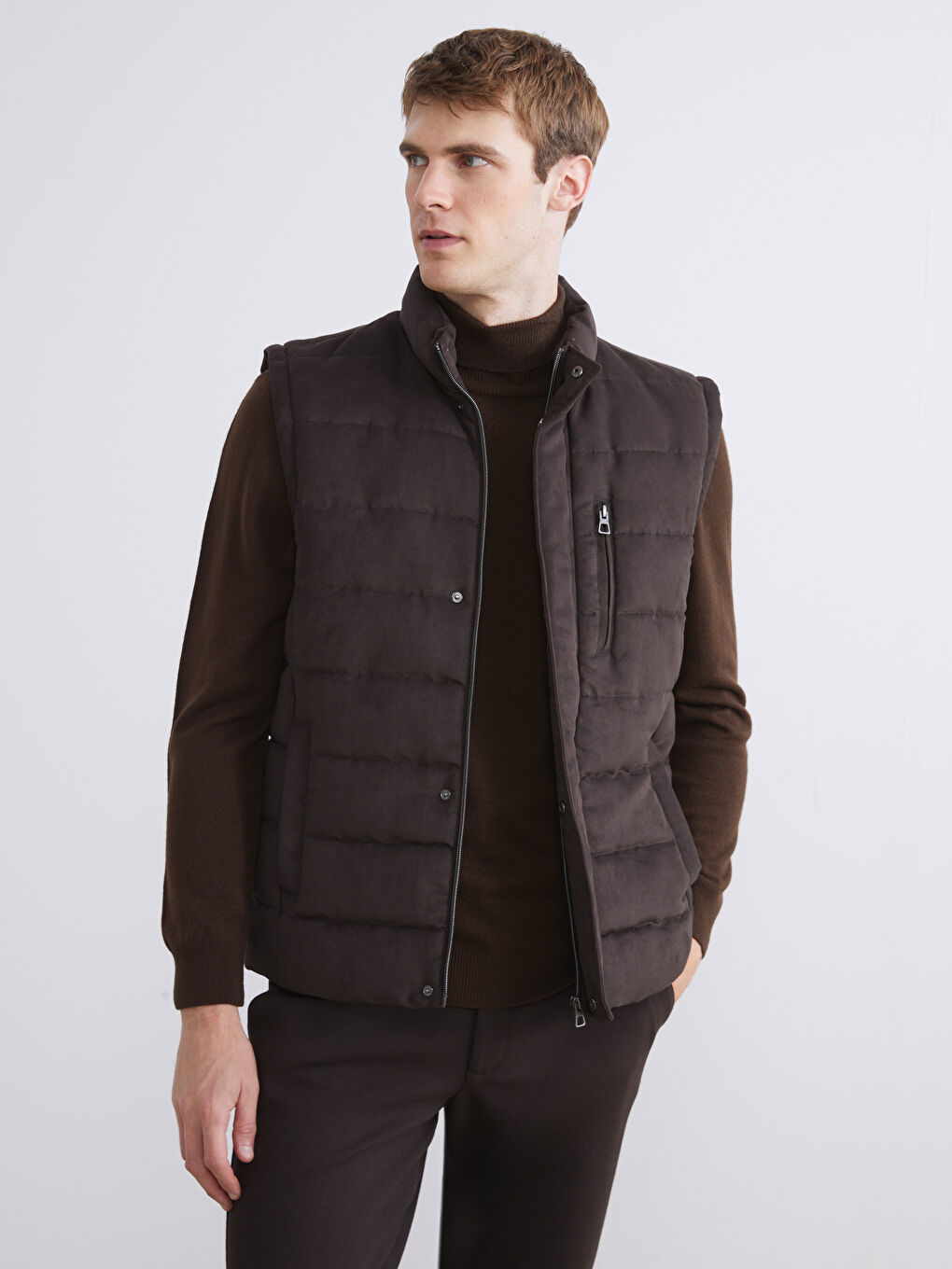 Regular Fit Funnel Neck Suede Men's Waistcoat