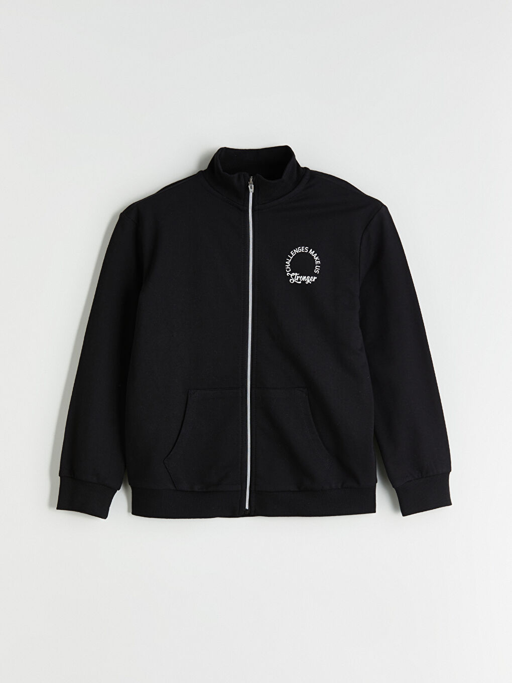 Siyah Dik Yaka Baskılı Kız Çocuk Fermuarlı Sweatshirt