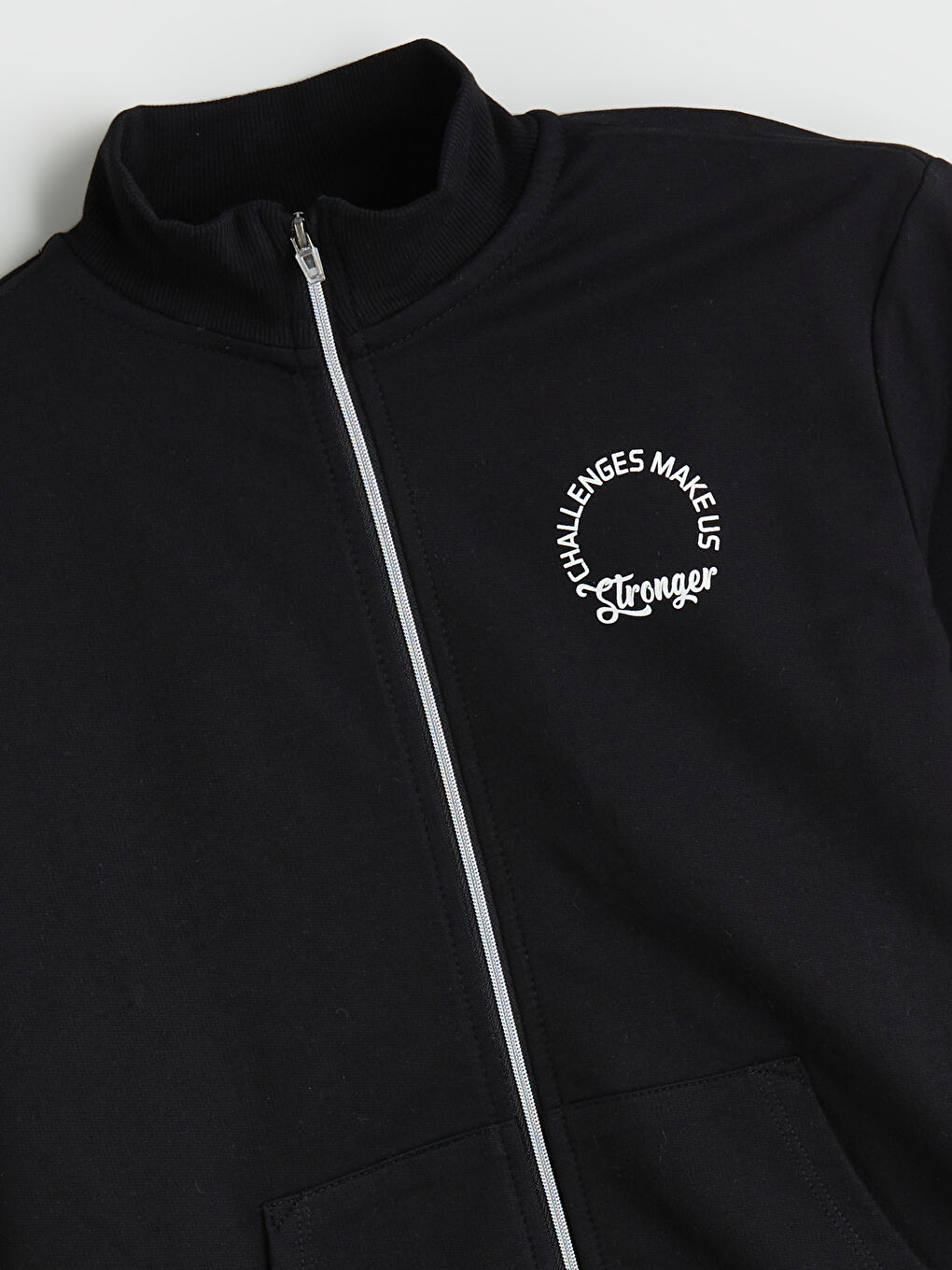 Siyah Dik Yaka Baskılı Kız Çocuk Fermuarlı Sweatshirt-2