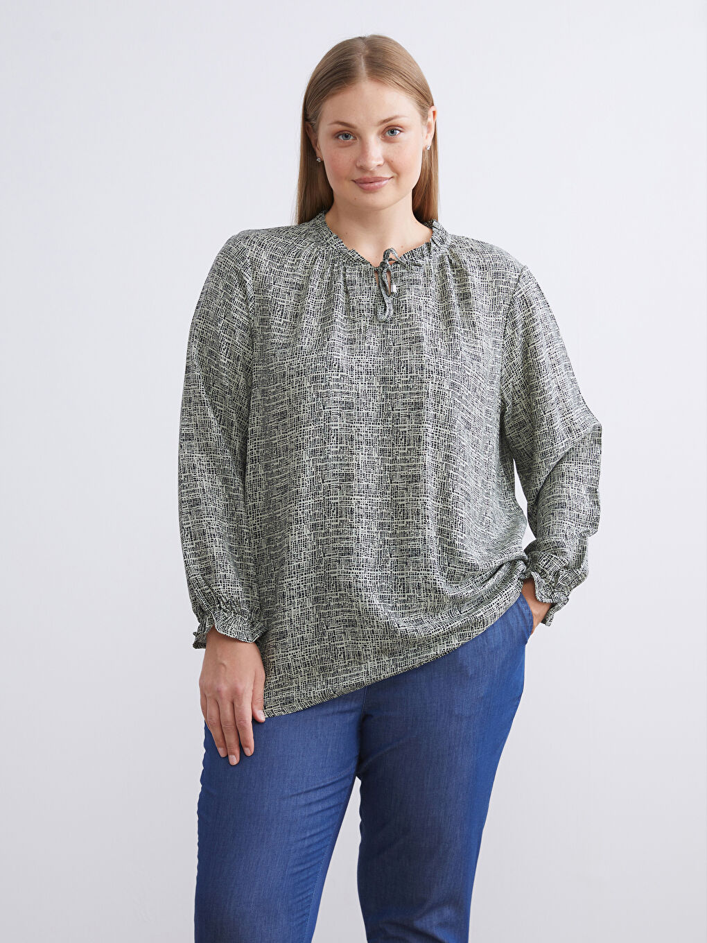 Tie Neck Patterned Blouse-1