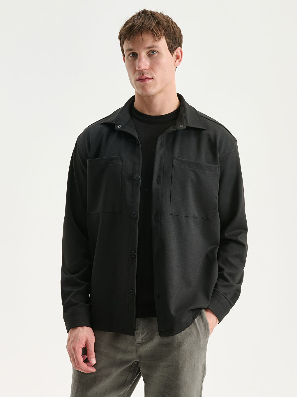 Siyah Regular Fit Uzun Kollu Erkek Gömlek Ceket-1