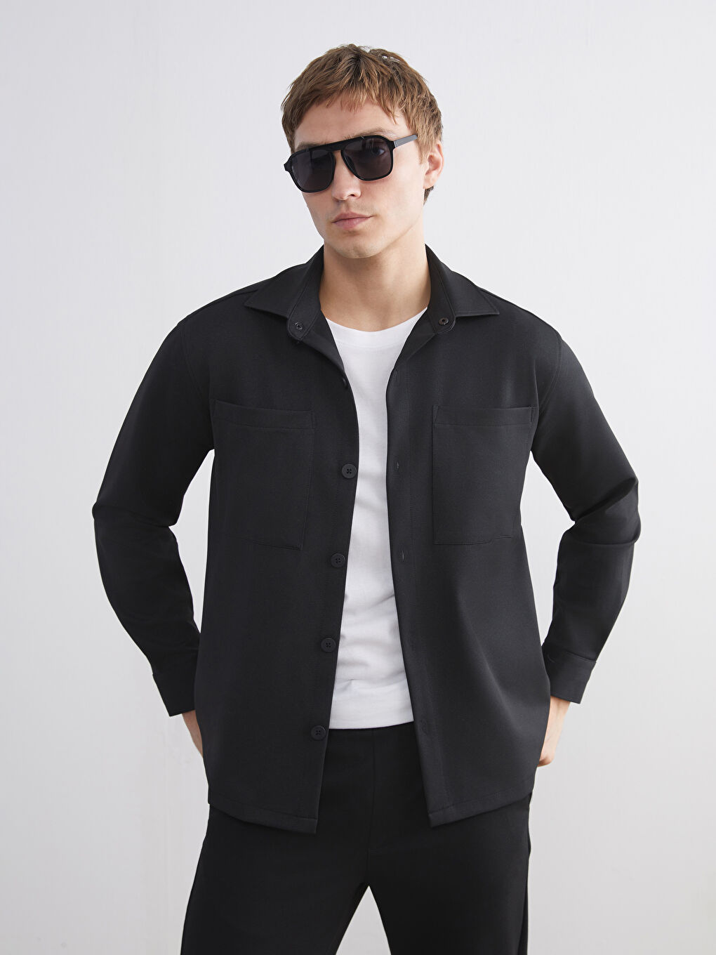Siyah Regular Fit Uzun Kollu Erkek Gömlek Ceket-2