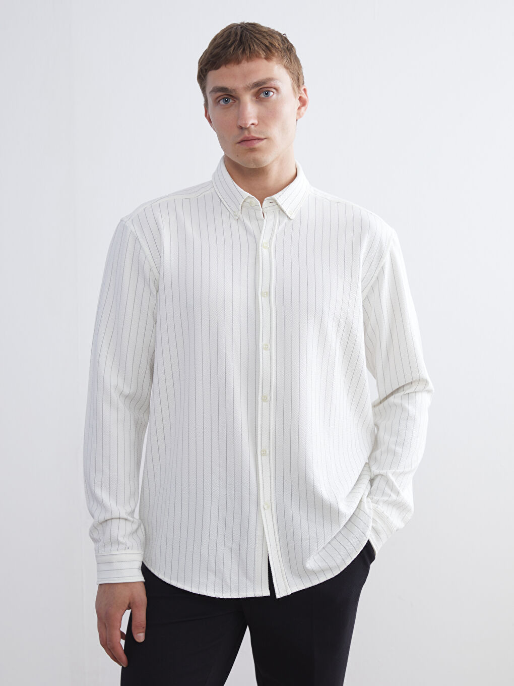 Slim Fit Long Sleeve Striped Dobby Men's Shirt-1