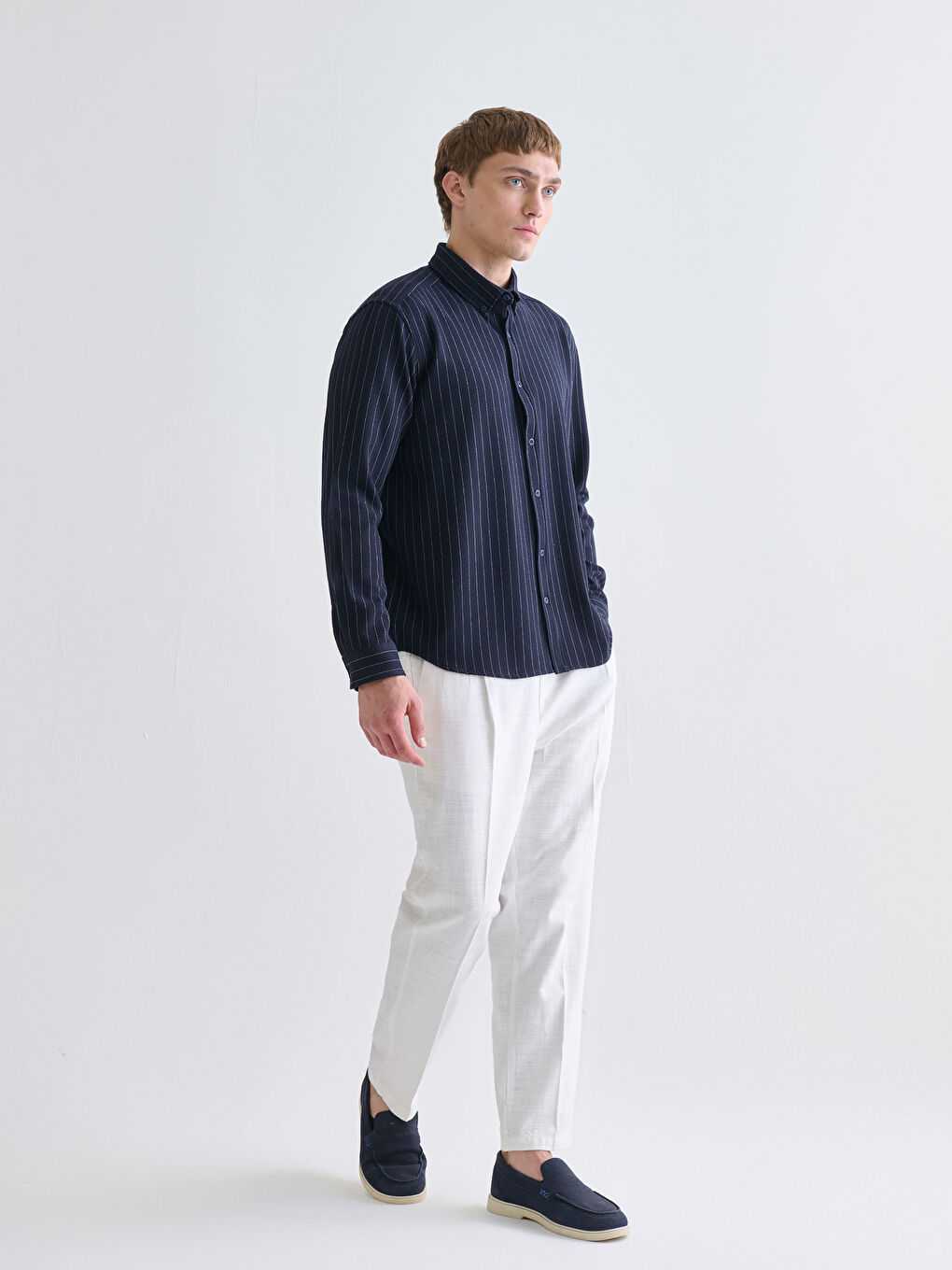 Slim Fit Long Sleeve Striped Dobby Men's Shirt-2