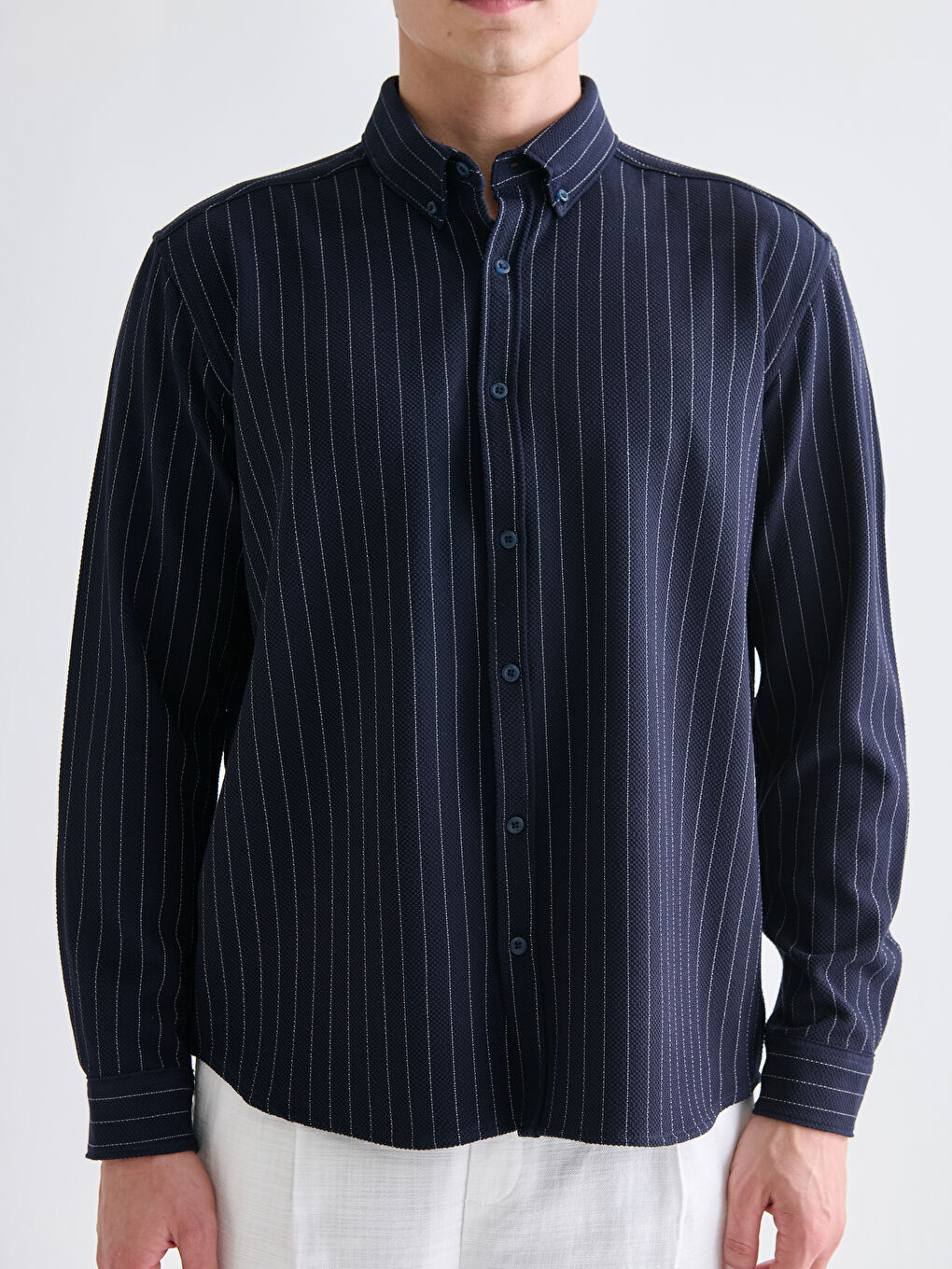 Slim Fit Long Sleeve Striped Dobby Men's Shirt-4