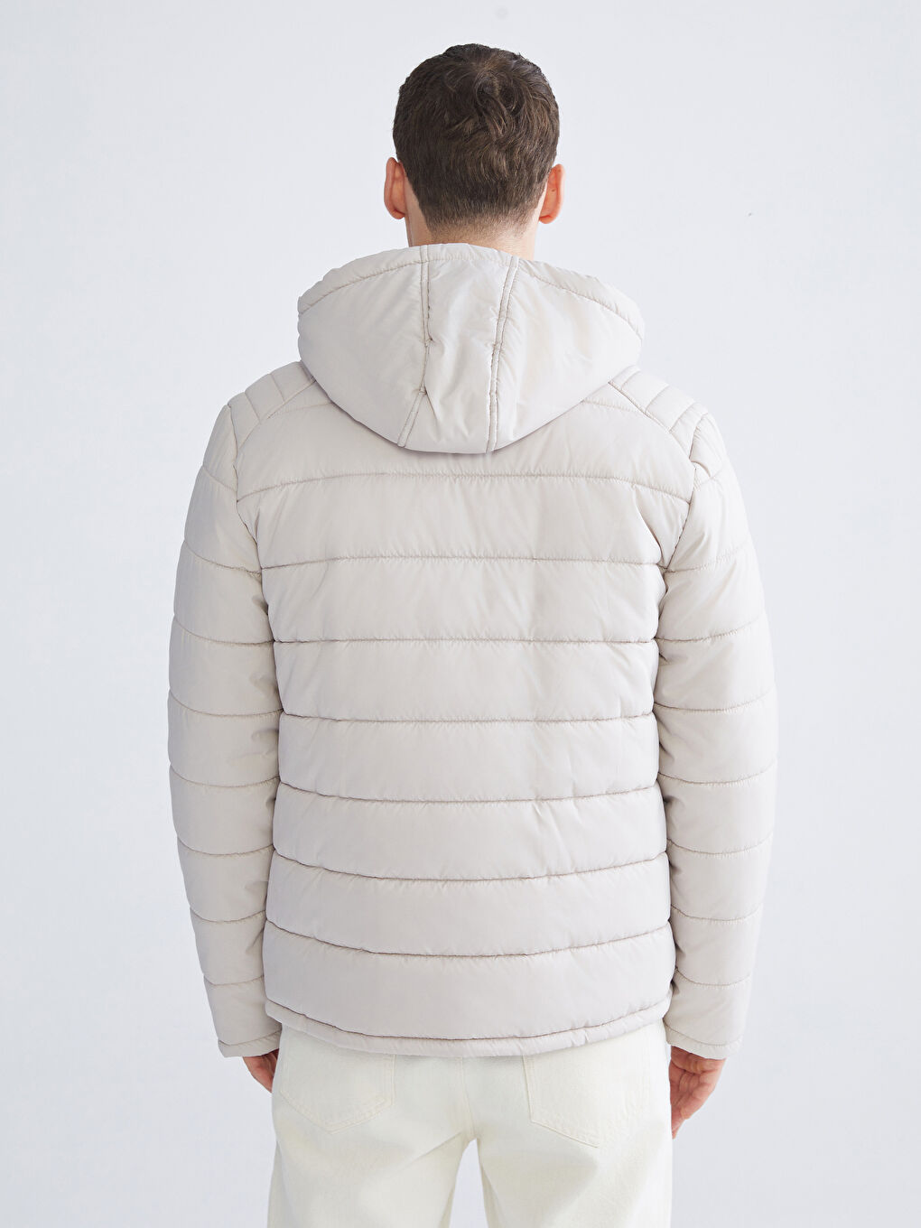 Gri Standart Kalıp Kapüşonlu Erkek Şişme Mont-4