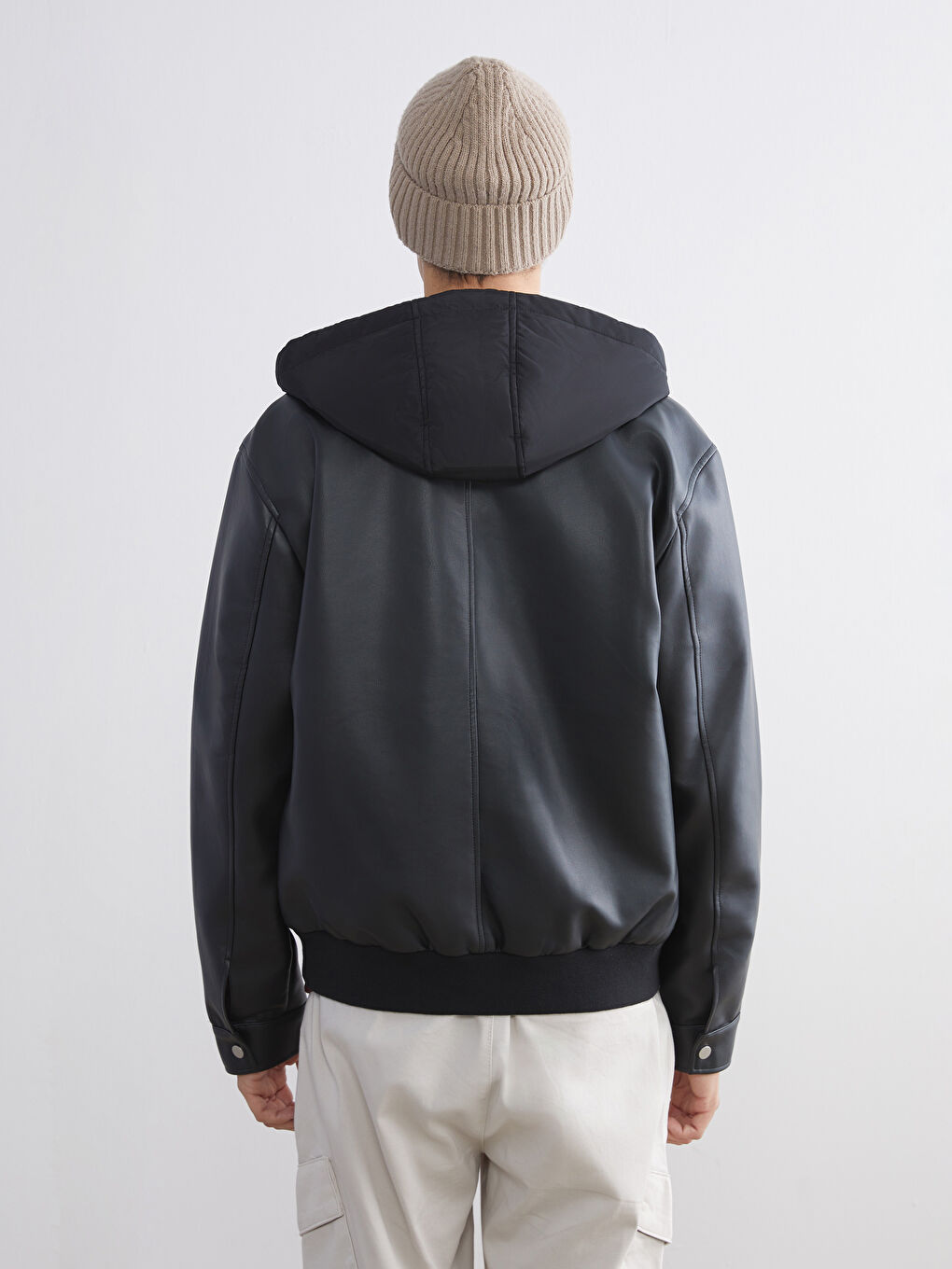 Regular Fit Hooded Men's Faux Leather Coat-4