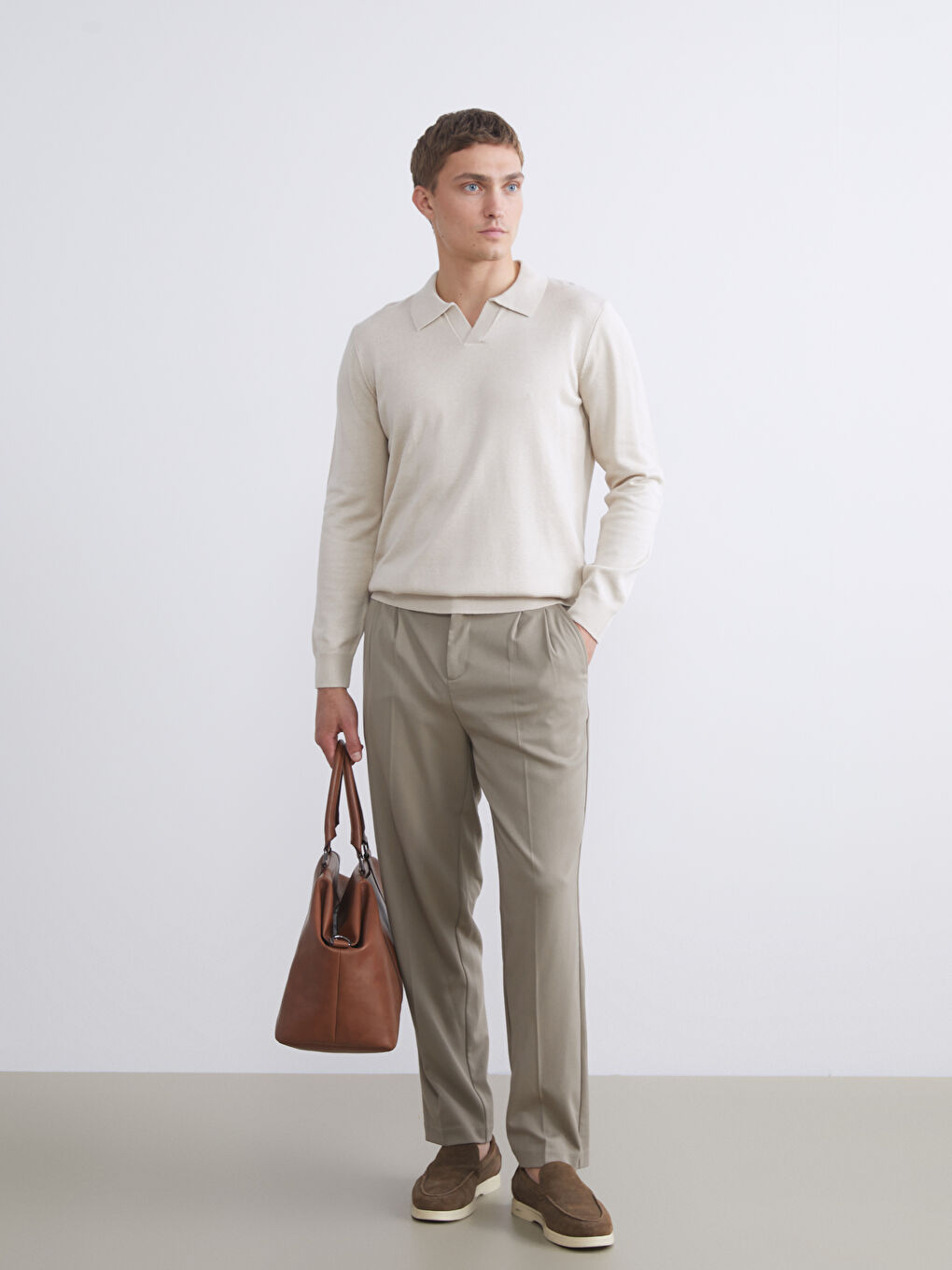 Bej Polo Yaka Erkek Triko Kazak-1