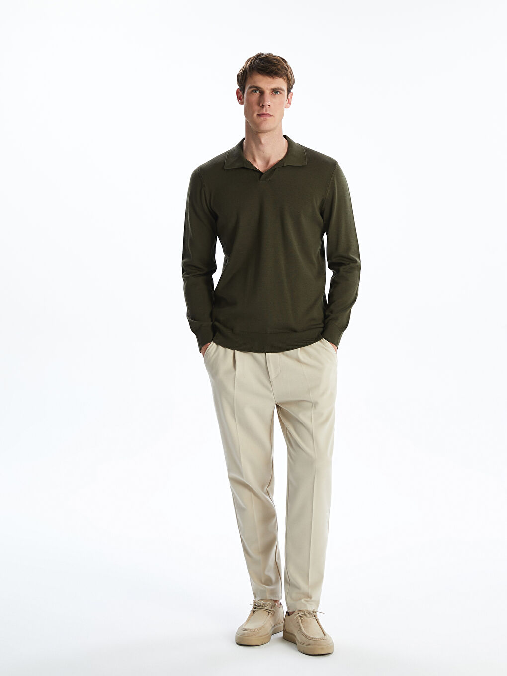 Haki Polo Yaka Erkek Triko Kazak-1