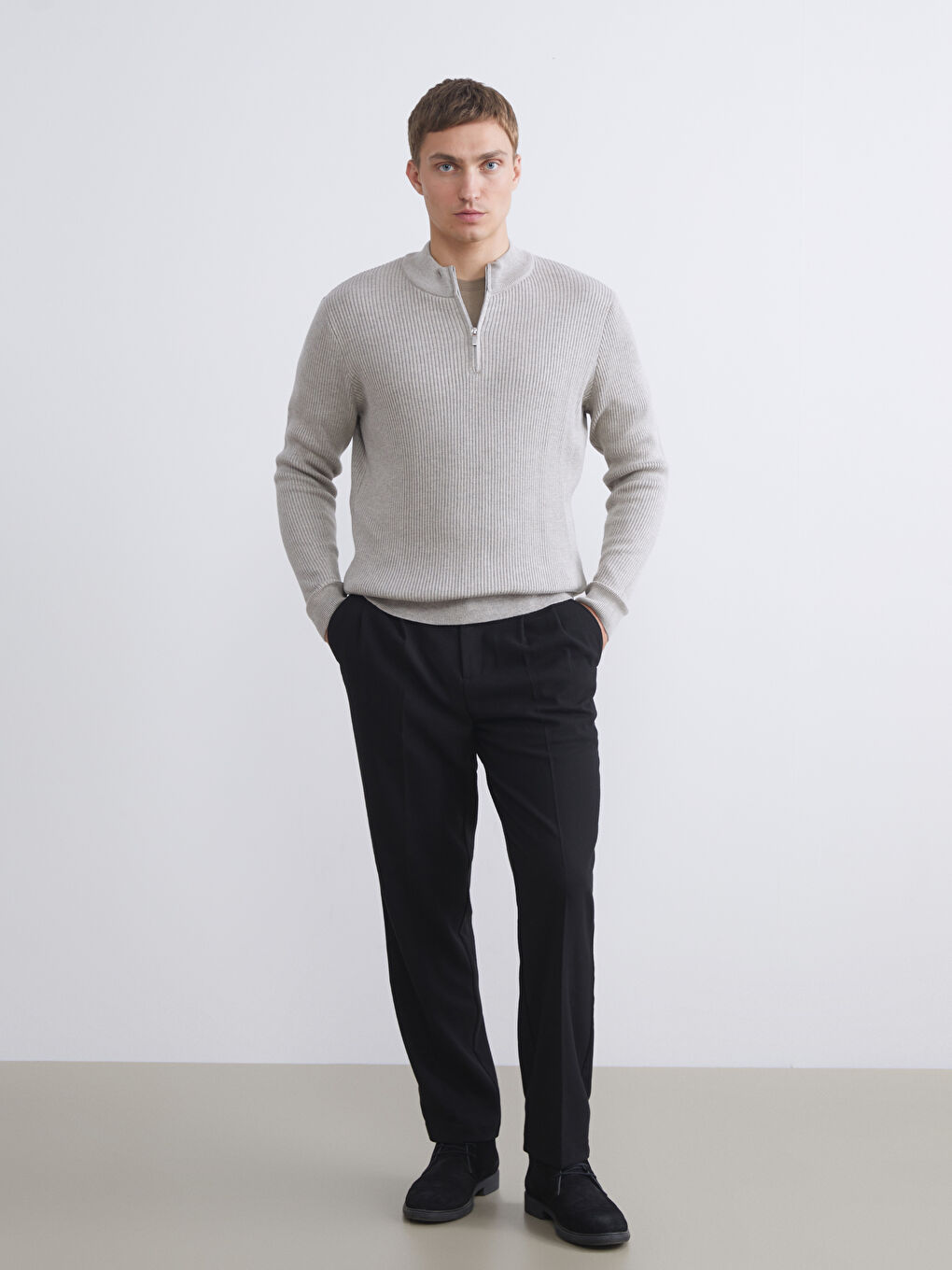 Bej Dik Yaka Erkek Triko Kazak-1