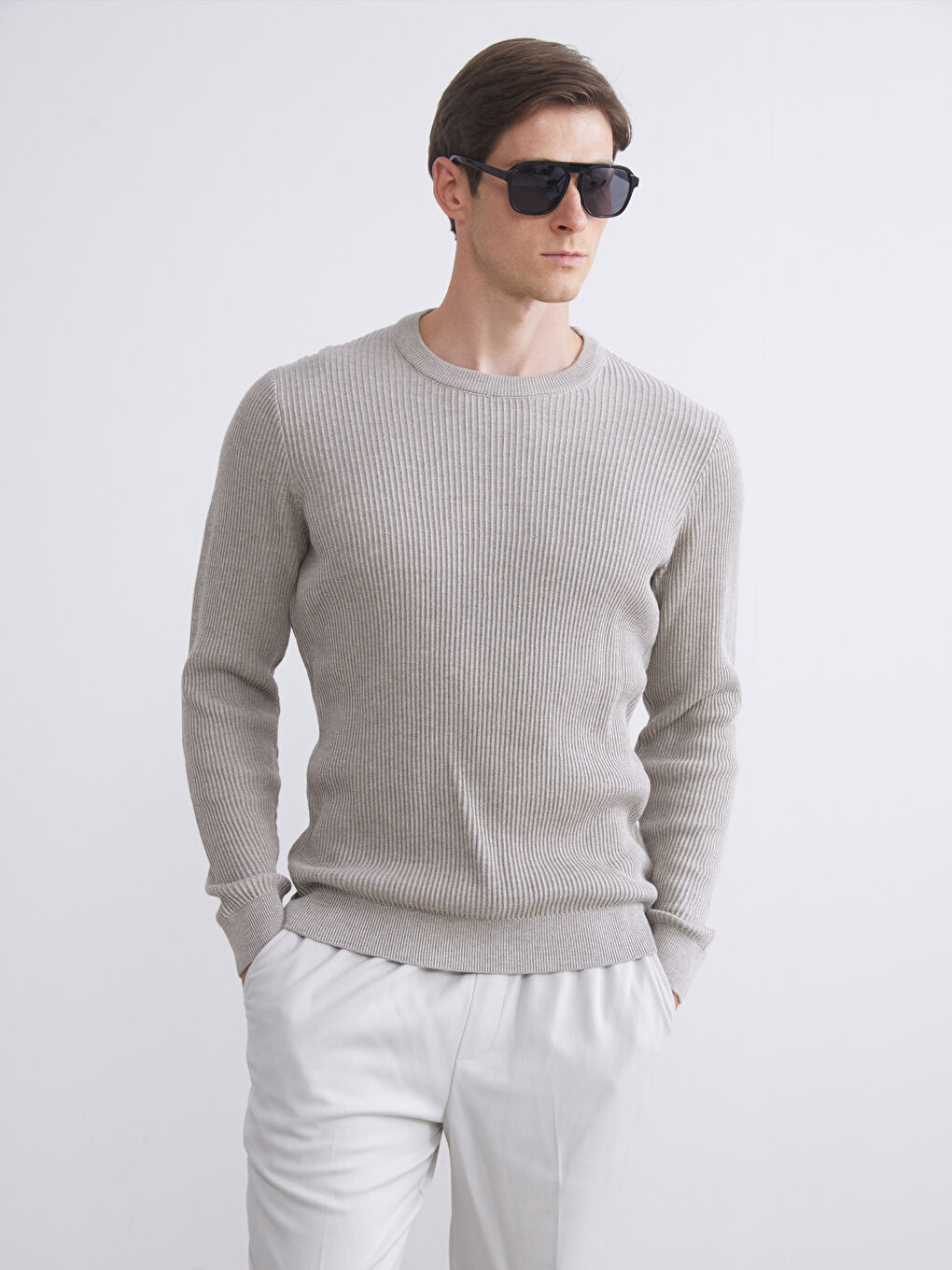 Bej Bisiklet Yaka Erkek Triko Kazak