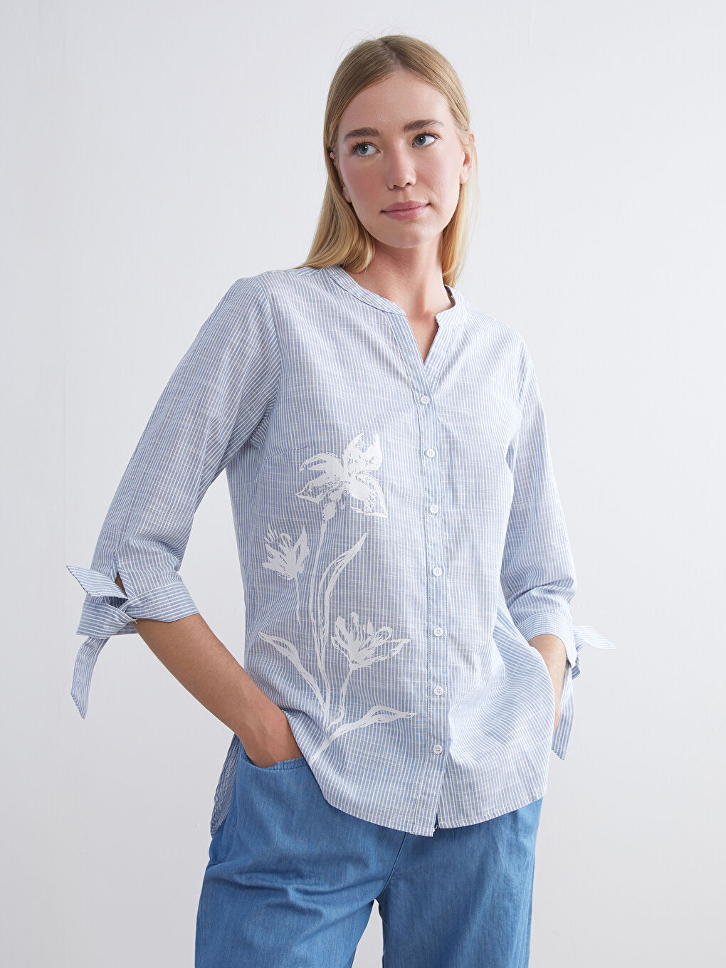 LCW Grace Notch Neck Striped Women's Shirt -W54892Z8-LEN