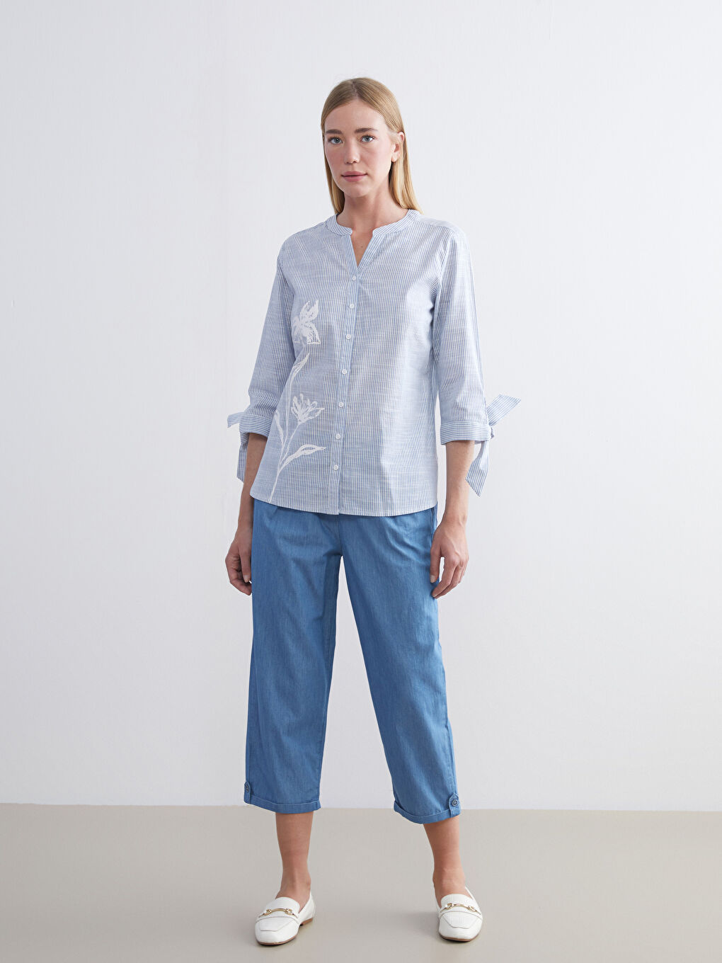 LCW Grace Notch Neck Striped Women's Shirt -W54892Z8-LEN