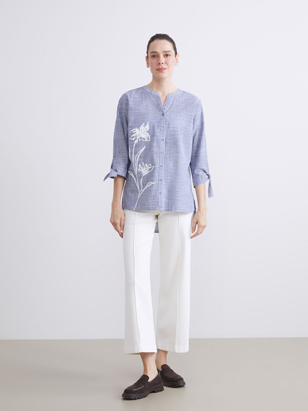 Notch Neck Striped Women's Shirt-1
