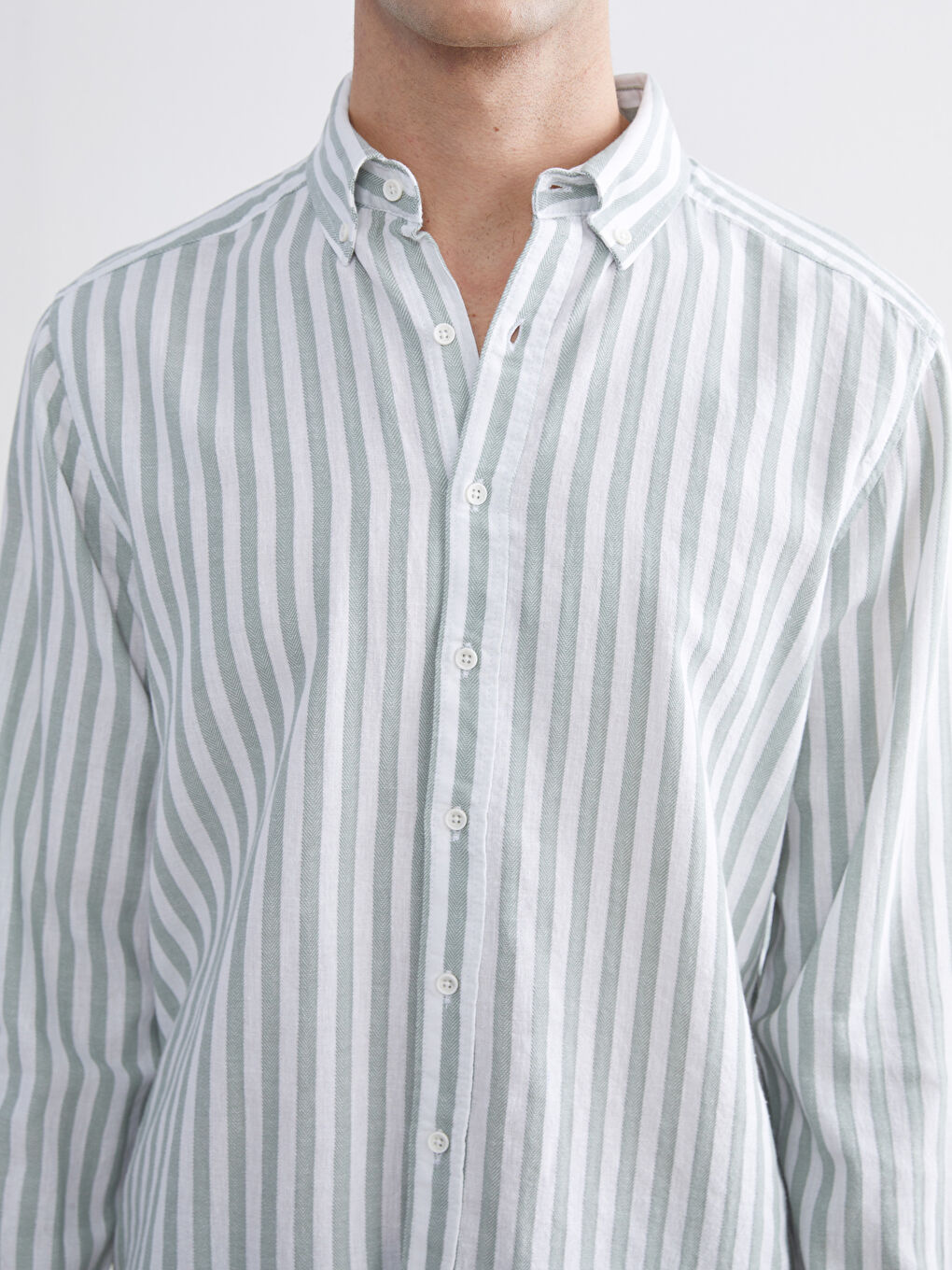 Yeşil Regular Fit Uzun Kollu Çizgili Poplin Erkek Gömlek-2
