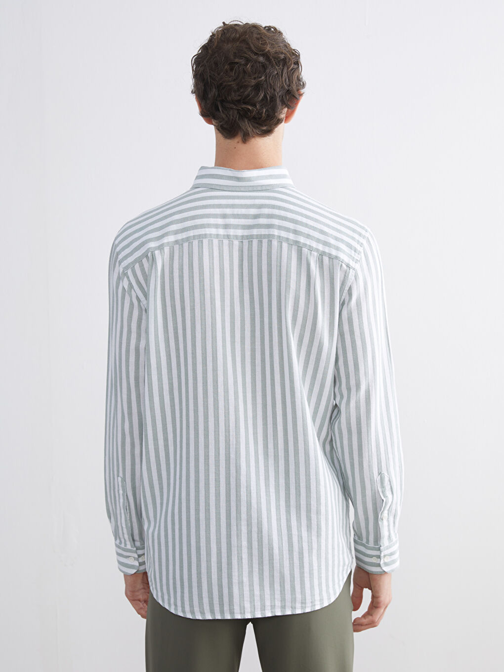 Yeşil Regular Fit Uzun Kollu Çizgili Poplin Erkek Gömlek-3