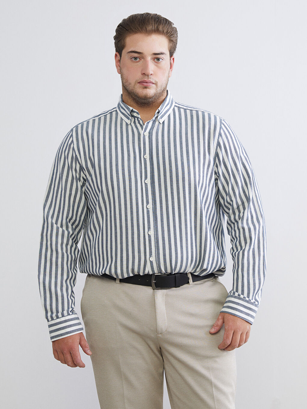 Lacivert Regular Fit Uzun Kollu Çizgili Poplin Erkek Gömlek-1