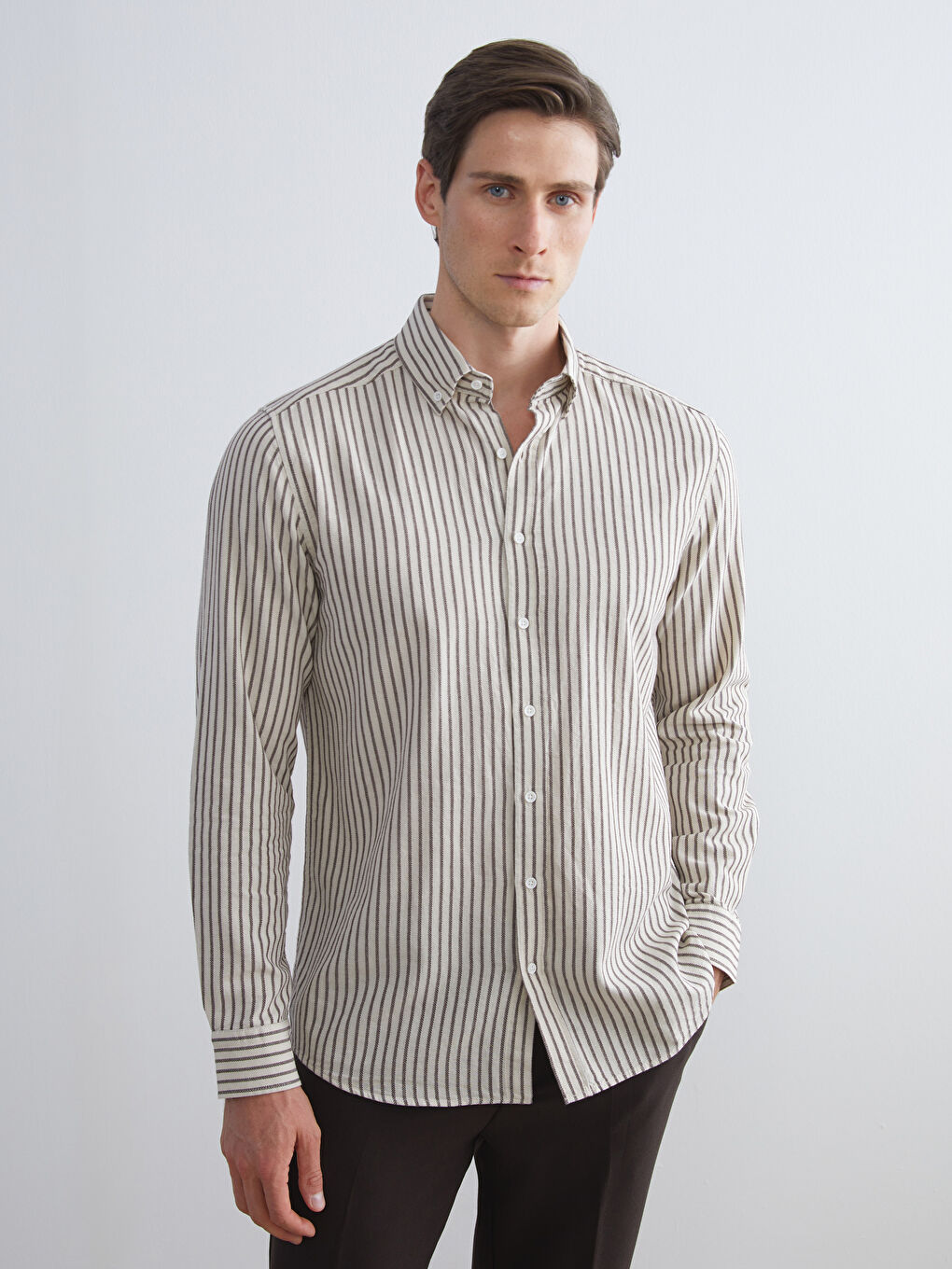 Mürdüm Regular Fit Uzun Kollu Çizgili Poplin Erkek Gömlek