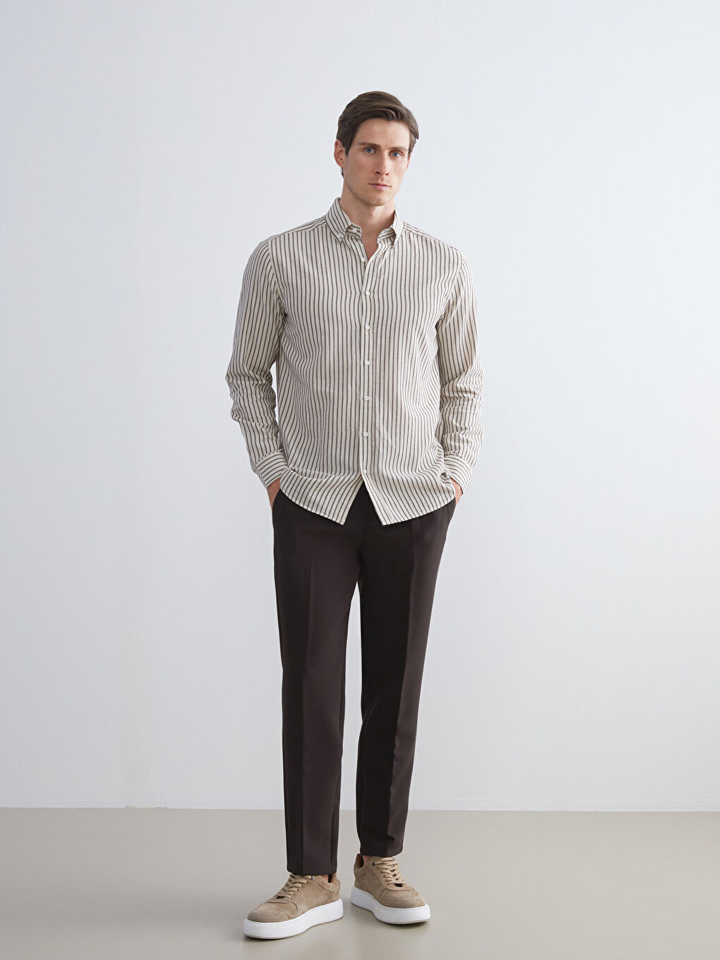 Mürdüm Regular Fit Uzun Kollu Çizgili Poplin Erkek Gömlek-1