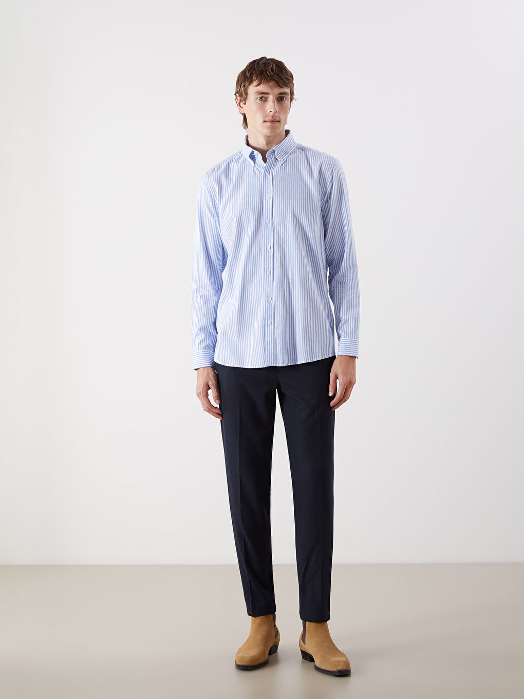 Ерлерге арналған тар пішім ұзын жең жолақты саржа жейде-1